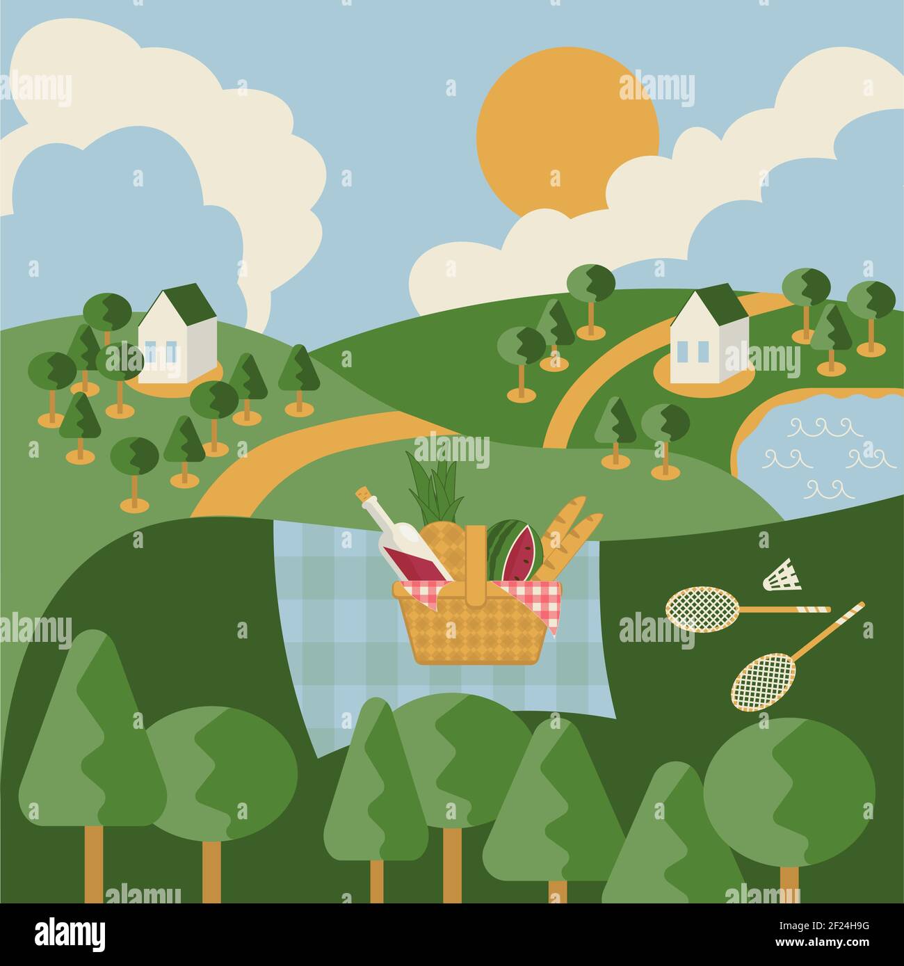 Cartoon vettore paesaggio composizione con cestino da picnic disegnato e badminton impostato in stile piatto Illustrazione Vettoriale