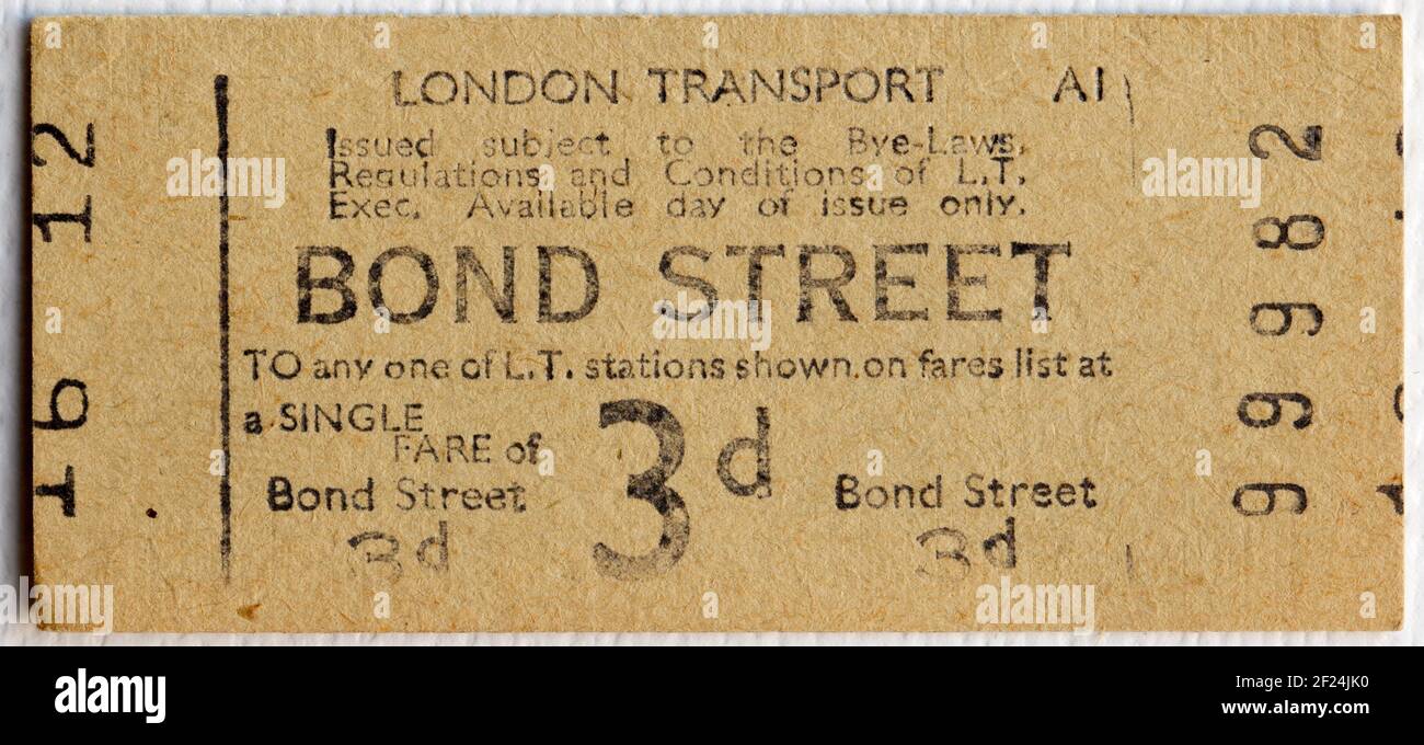 Biglietto della metropolitana o della metropolitana per la vecchia Londra da Bond Street Stazione Foto Stock