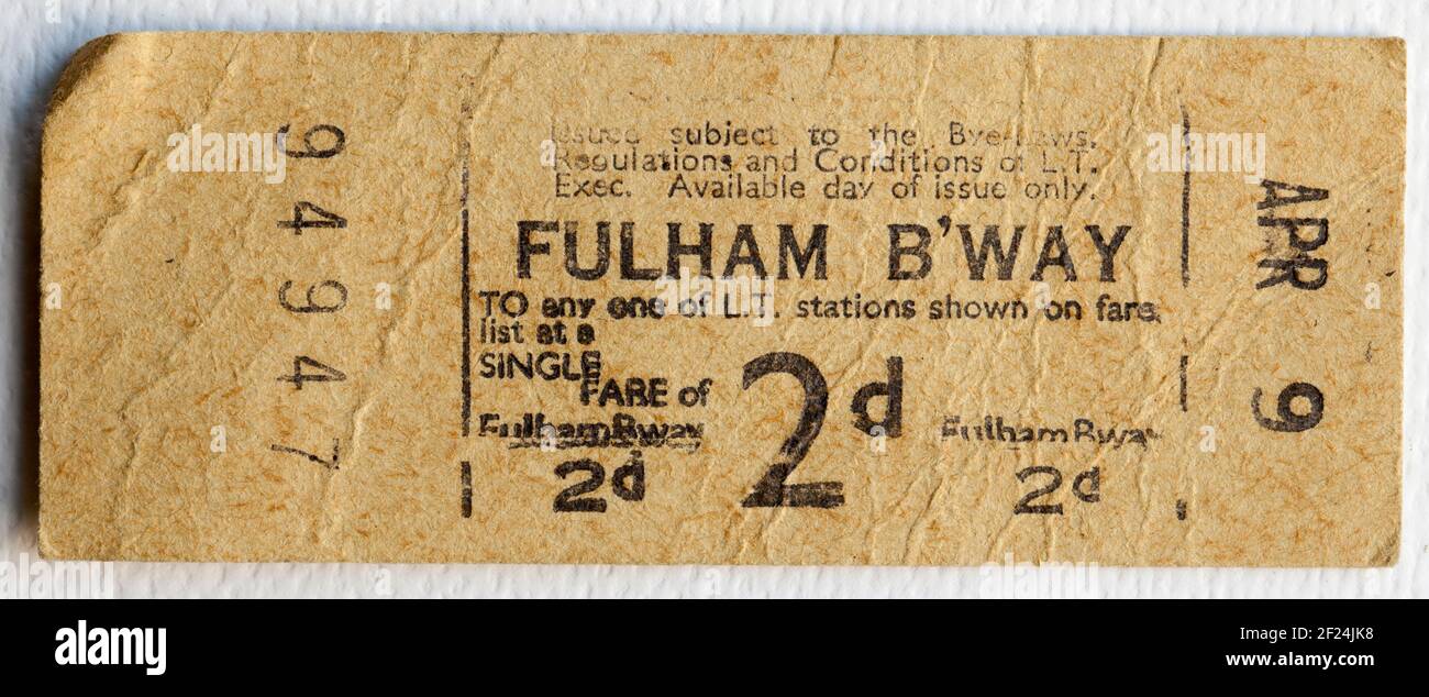 Biglietto per la metropolitana o la metropolitana della vecchia Londra da Fulham Broadway Stazione Foto Stock