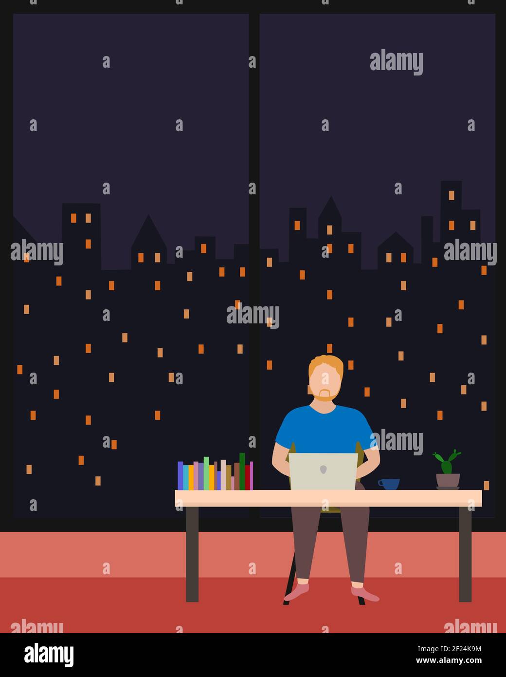 Giovane uomo che lavora su un computer portatile nel salotto di casa. Il freelance lavora a distanza da casa. Disegno di illustrazione vettoriale. Illustrazione Vettoriale