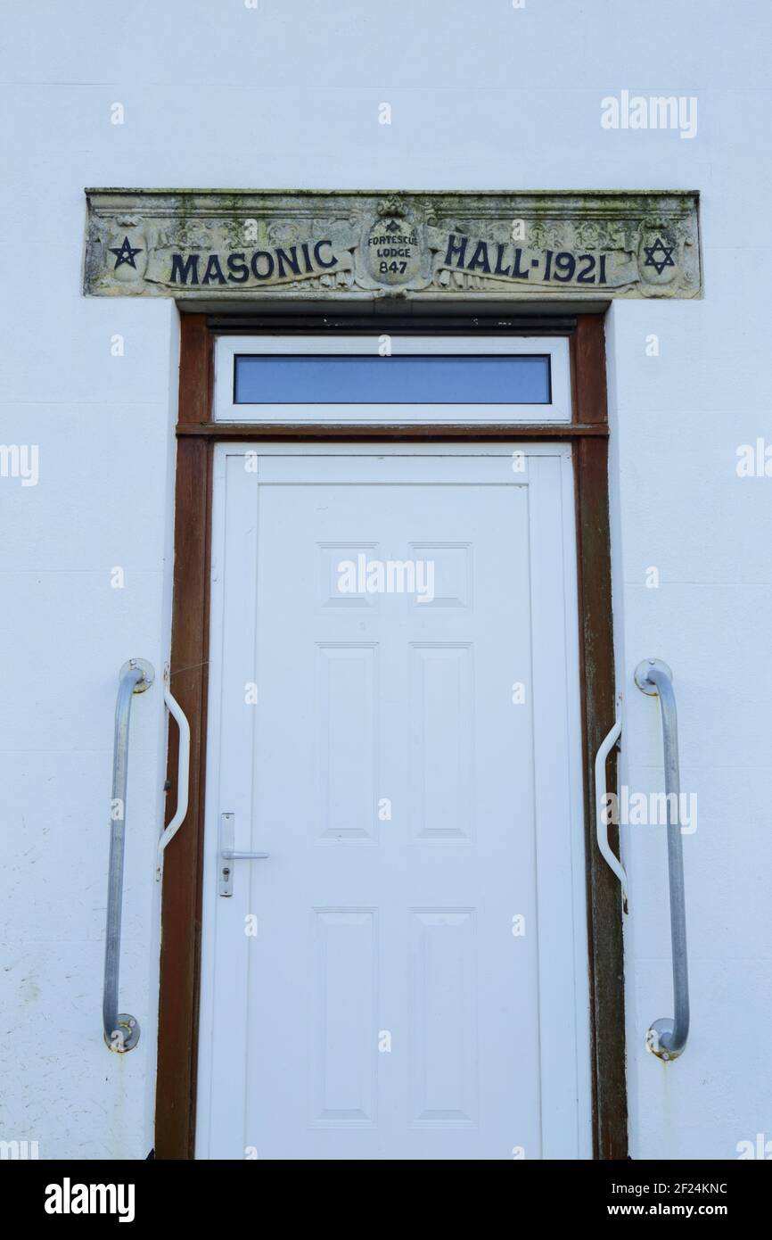 Lapide Masonic Hall sul muro nella città di Honiton Devon, Regno Unito Foto Stock