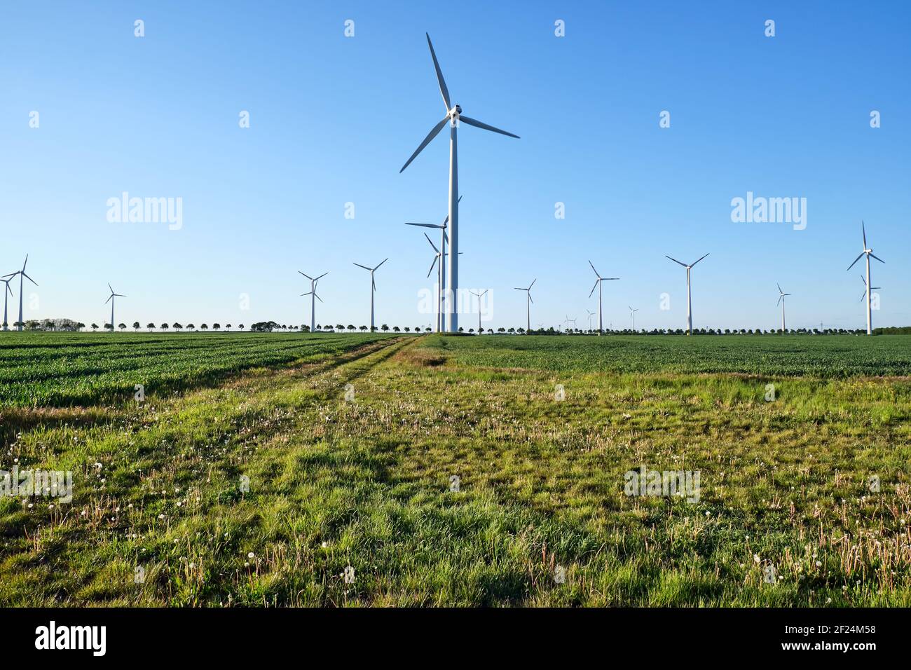 Le moderne turbine eoliche retroilluminate si sono viste in Germania Foto Stock