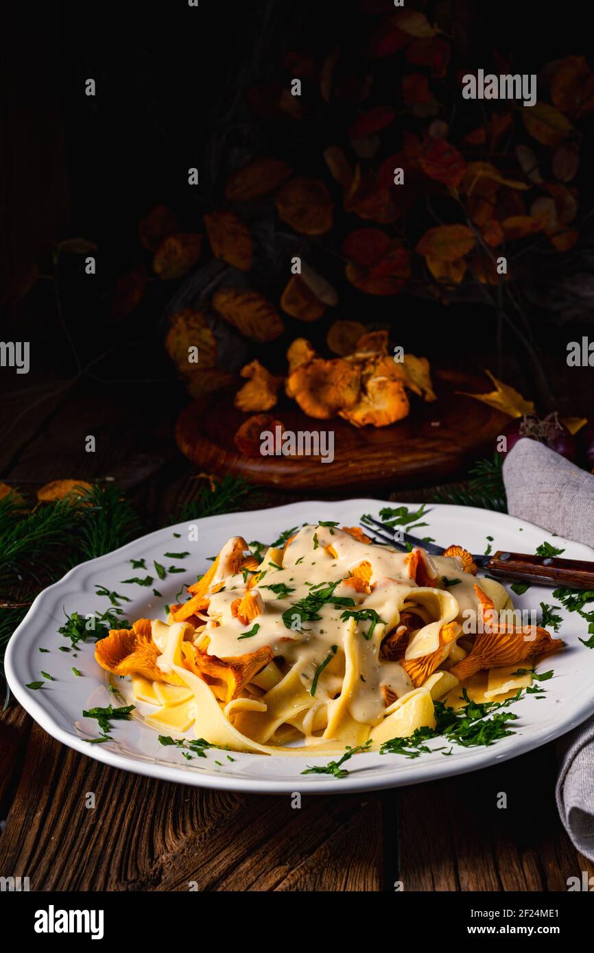 Tagliatelle con chanterelle fresche in salsa di funghi Foto Stock