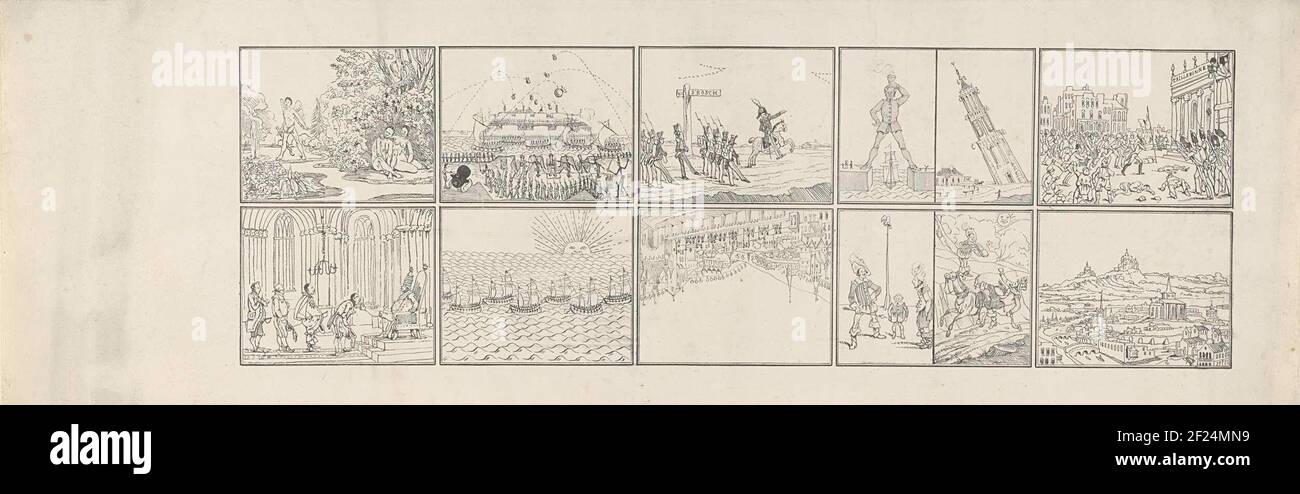 Blad ha incontrato twaalf rarekiekplaatjes, 1855-1865.foglio con dodici immagini sotto forma di raekiekplaatjes con rappresentazioni comiche di eventi nazionali e internazionali, 1855-1865. Vedere anche la prima foglia. Foto Stock