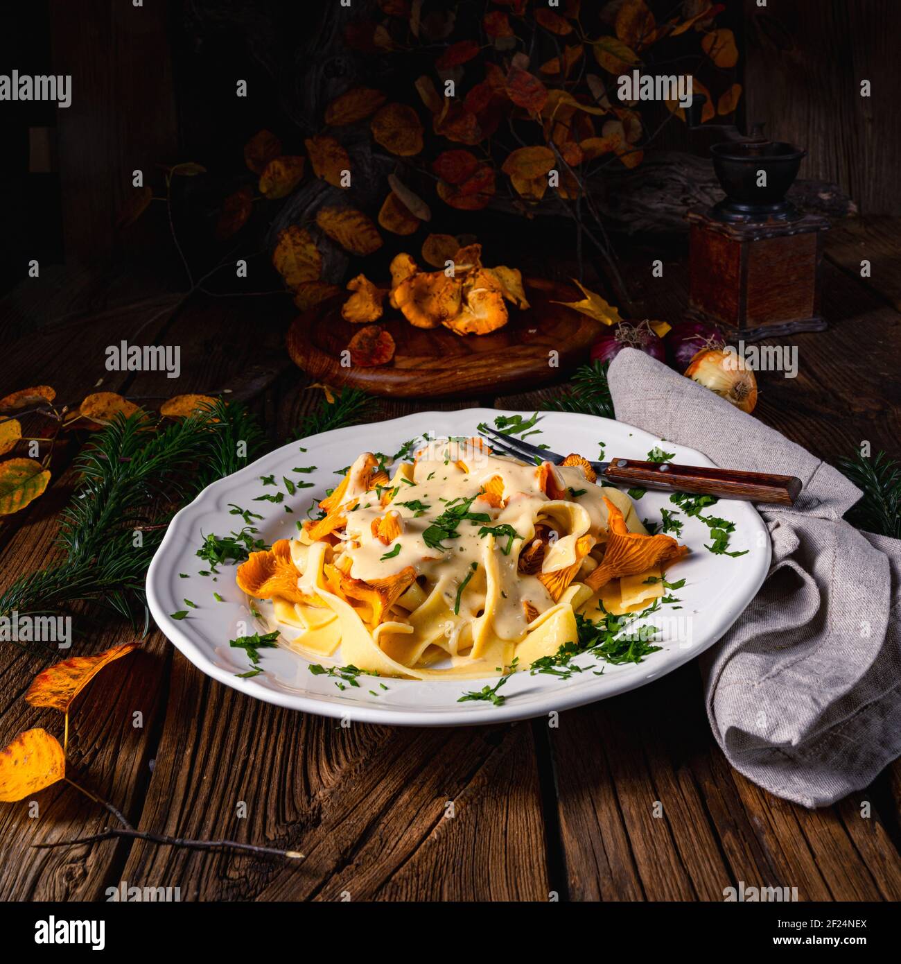 Tagliatelle con chanterelle fresche in salsa di funghi Foto Stock