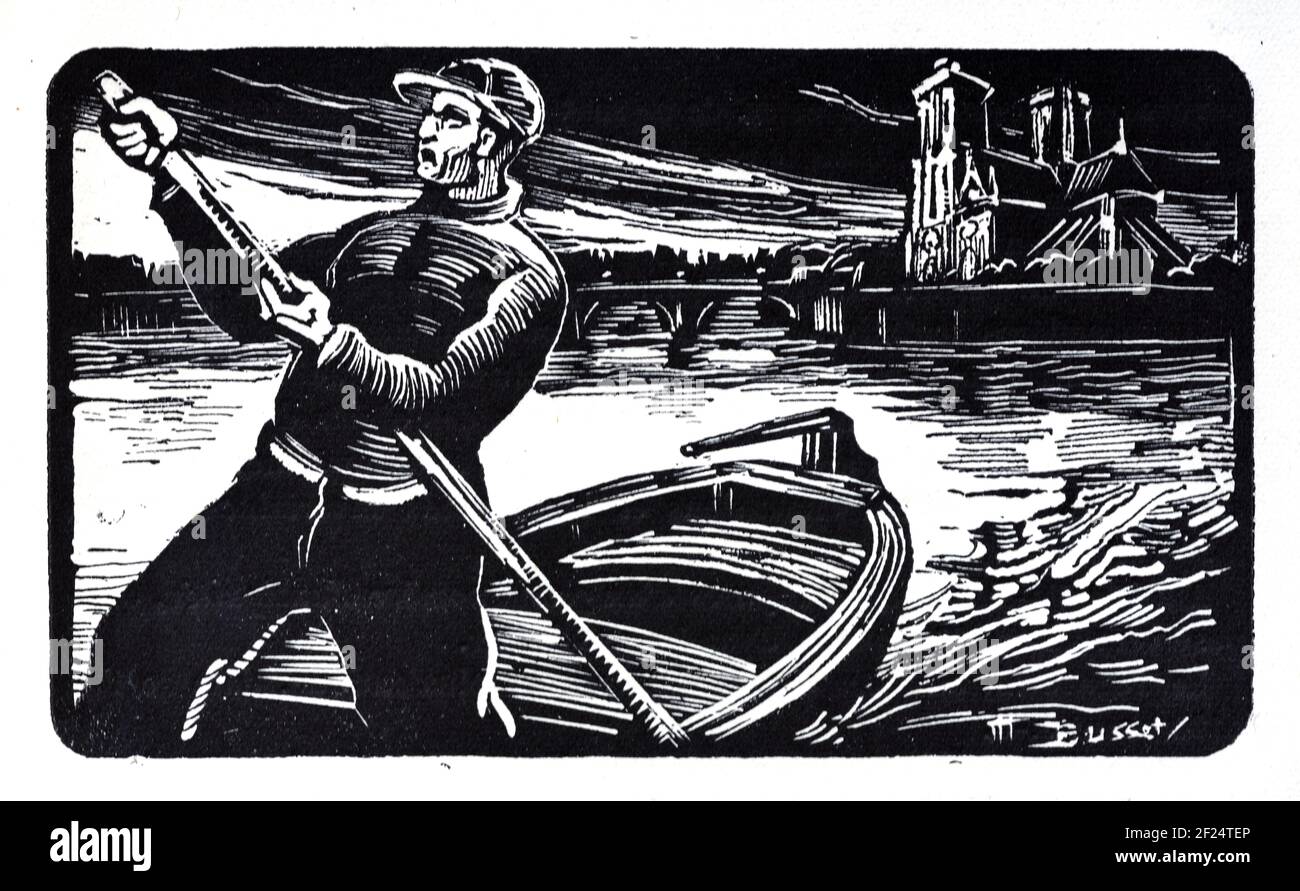 Boatman in barca a canottaggio di legno sul fiume Senna con Notre-Dame de Paris sulla Île de la Cité Paris. Vintage Woodcut, Wood Block Engraving o Wood Engraving di Maurice Busset 1925 Foto Stock
