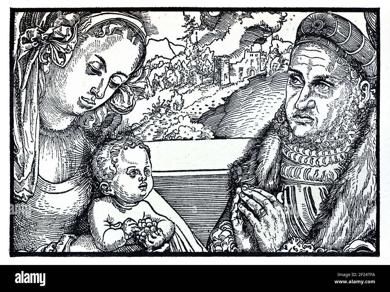 Vergine Maria con Gesù Bambino e donatore di Chiesa o donatore cristiano. Stampa a blocchi di legno, Stampa legno o incisione legno di Lucas Cranach The Elder (c1472-1553) Foto Stock