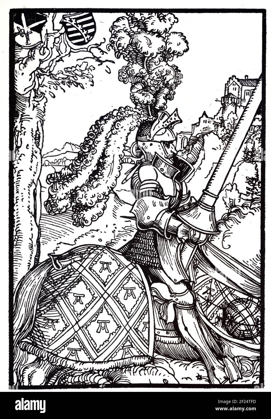 Taglio di legno Stampa di Cavaliere medievale che indossa armatura completa corpo & Cavallo Equitazione. Stampa a blocchi di legno o incisione in legno di Lucas Cranach The Elder (c1472-1553) Foto Stock