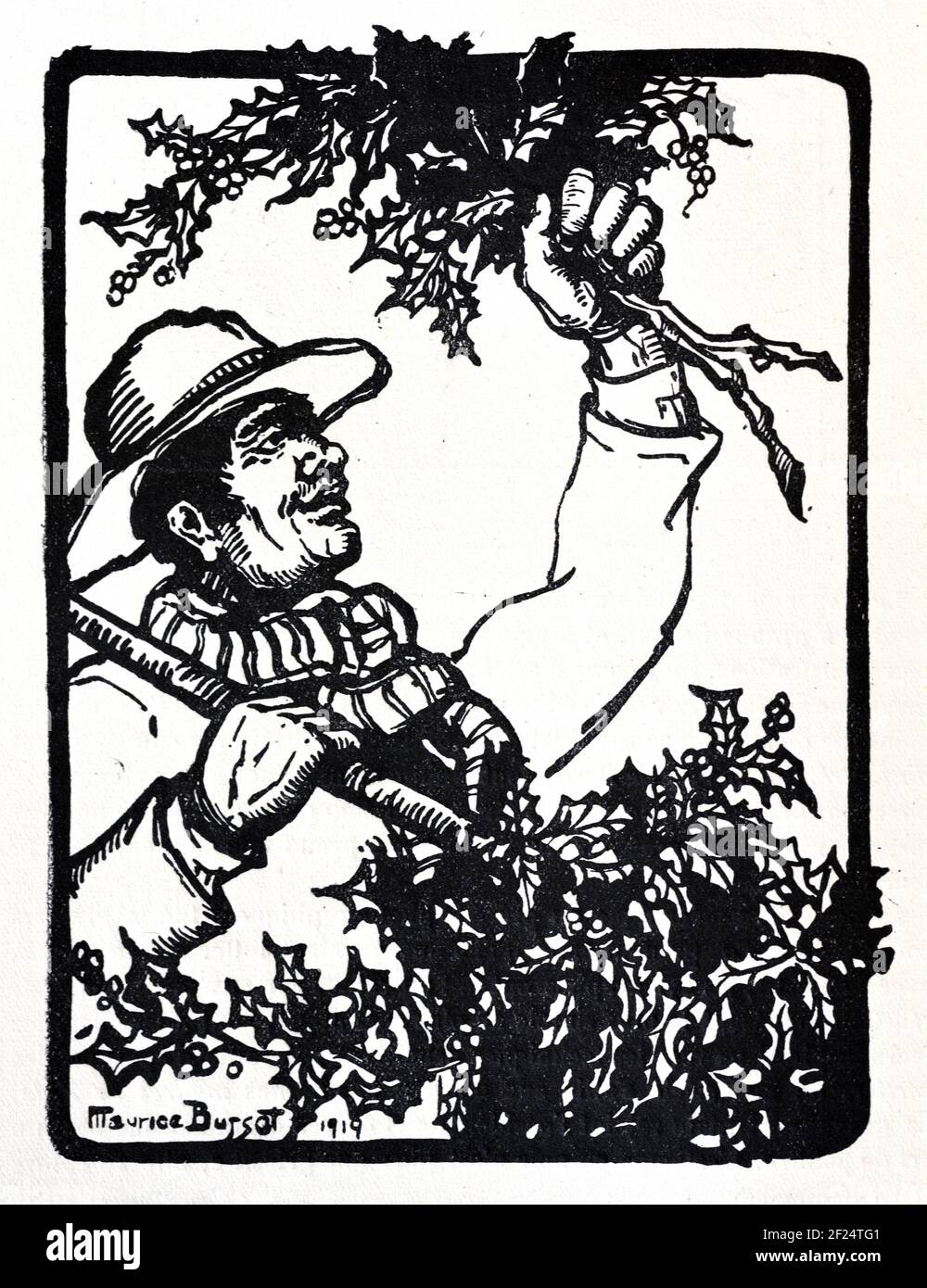 Venditore di strada, falco di strada o venditore itinerante che vende Holly o Holly Venditore. Vintage Wood Engraving, Woodblock Print o Woodcut di Maurice Busset 1919 Foto Stock