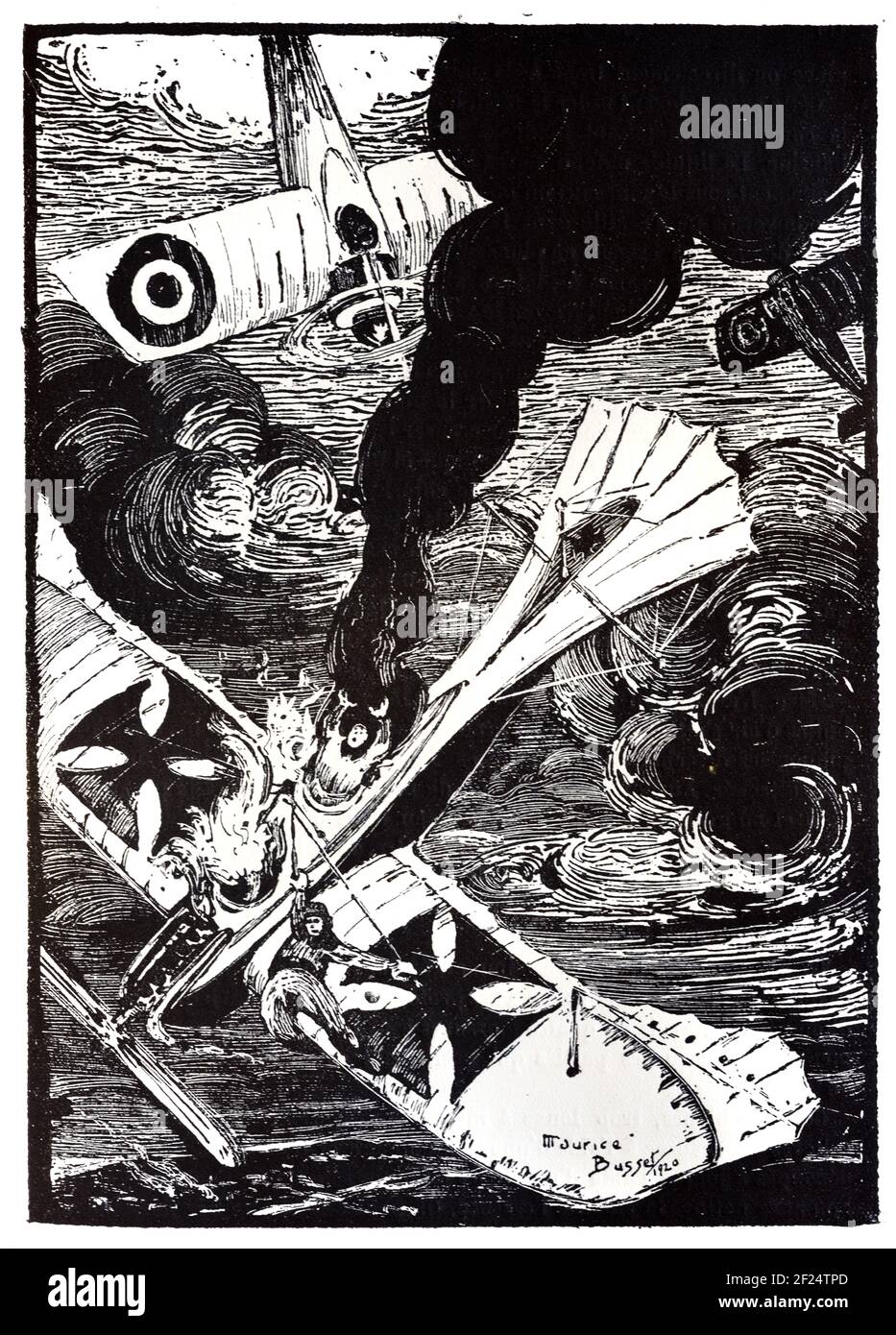Battaglia aerea tra le forze aeree francesi e tedesche durante la prima guerra mondiale, la Grande guerra o la prima guerra mondiale. Vintage Wood Engraving, Wood Print o Woodcut di Maurice Busset 1920 Foto Stock