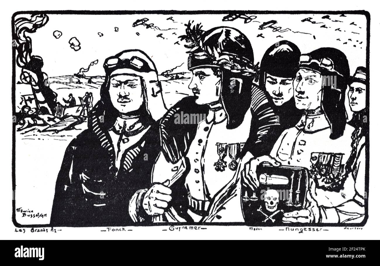 Assi volanti francesi, primi aviatori o piloti di combattenti della prima guerra mondiale, René Fonck (1894-1953), Georges Guynemer (1894-1917), Georges Madon (1892-1924) e Charles Nungesser (1892-1927). Vintage Wood Engraving, Woodcut or woodblock Stampa di Maurice Busset c1925 Foto Stock