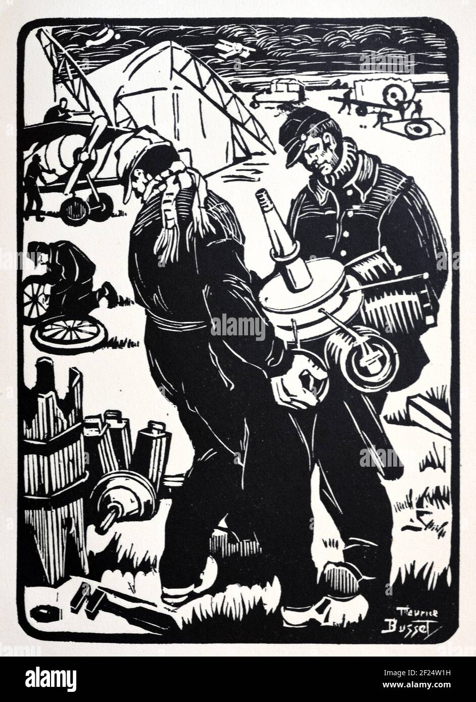 I primi ingegneri dell'aviazione riparano gli aerei aerei di un aereo aereo aereo in aeroporto o in aeroporto. Vintage Wood Block Print, Woodcut Print o Wood Engraving di Maurice Busset 1925 Foto Stock