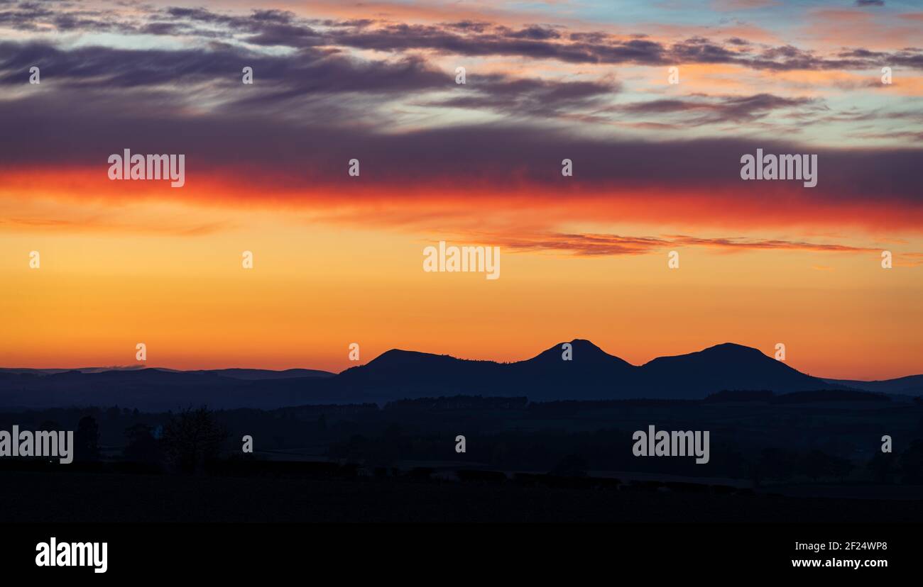 Le colline di Eildon al tramonto, frontiere scozzesi, Regno Unito Foto Stock