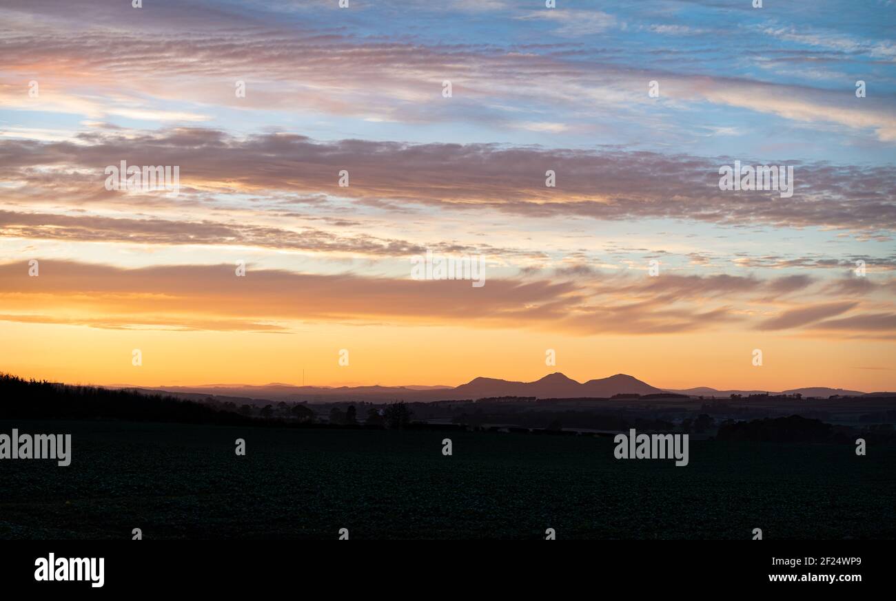 Le colline di Eildon al tramonto, frontiere scozzesi, Regno Unito Foto Stock