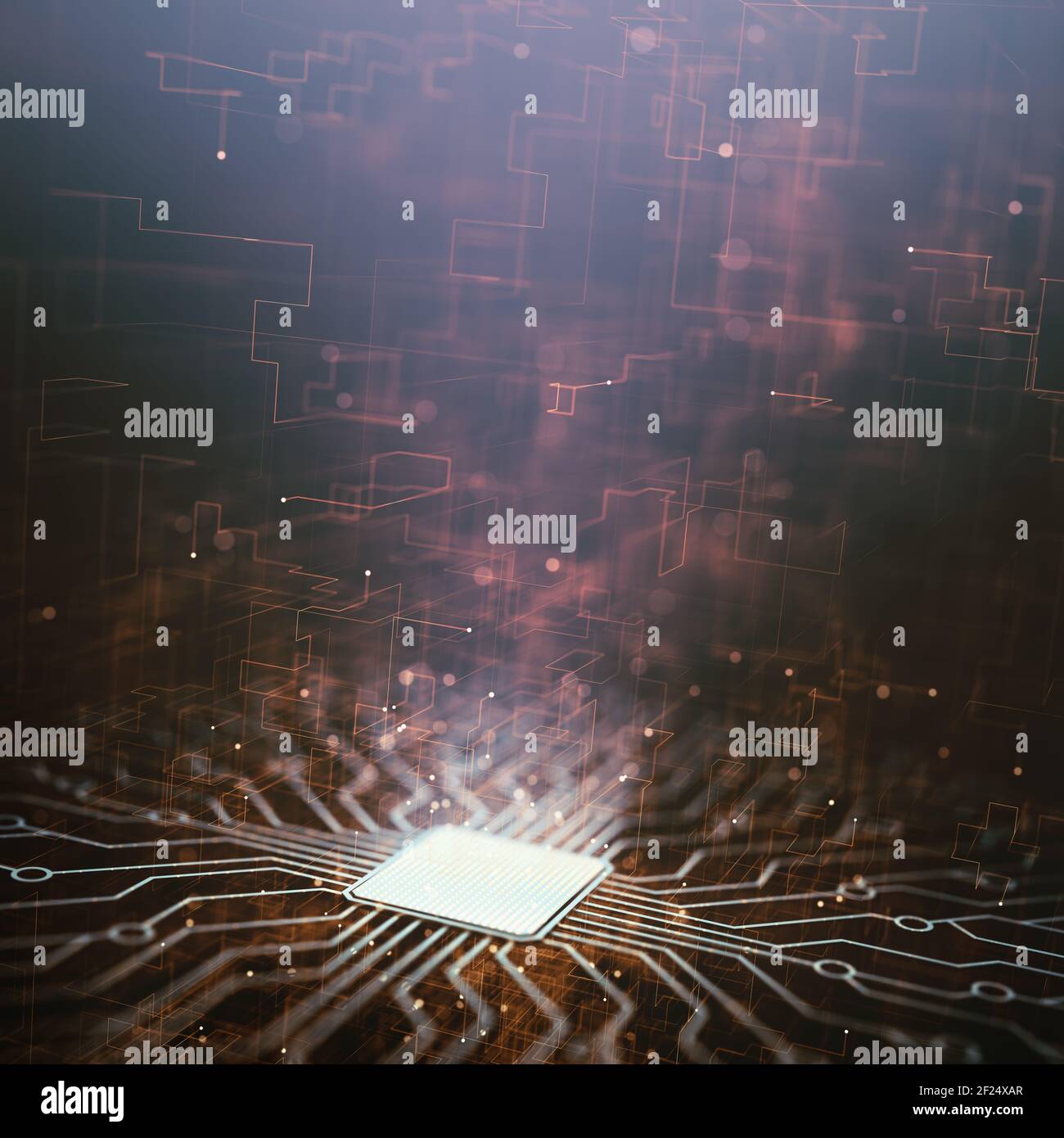 Intelligenza artificiale, impulsi elettrici che escono dal microchip, formando linee di connessione. Foto Stock