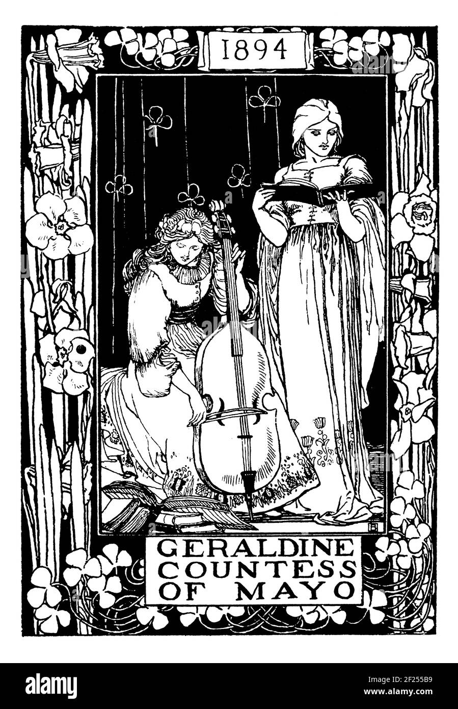 Ill1294 1894 bookplate raffigurante musica e lettura in giardino, progettato per Geraldine, Contessa di Mayo dall'illustratore britannico Robert Anning Bell Foto Stock