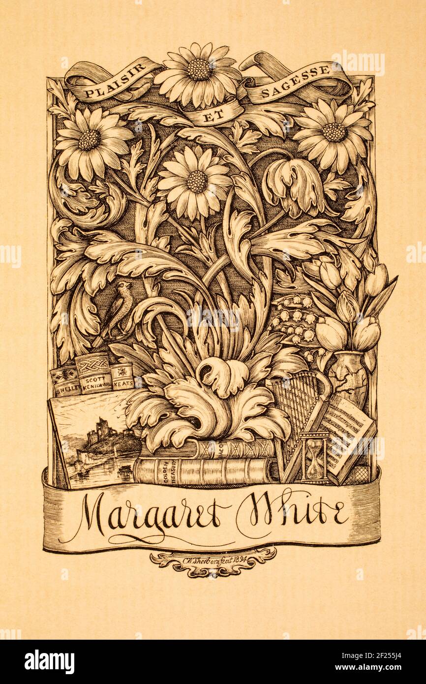 1894 Libretto inciso su rame per Margaret White, inciso dal ‘piccolo maestro vittoriano’ Charles William Sherborn Foto Stock