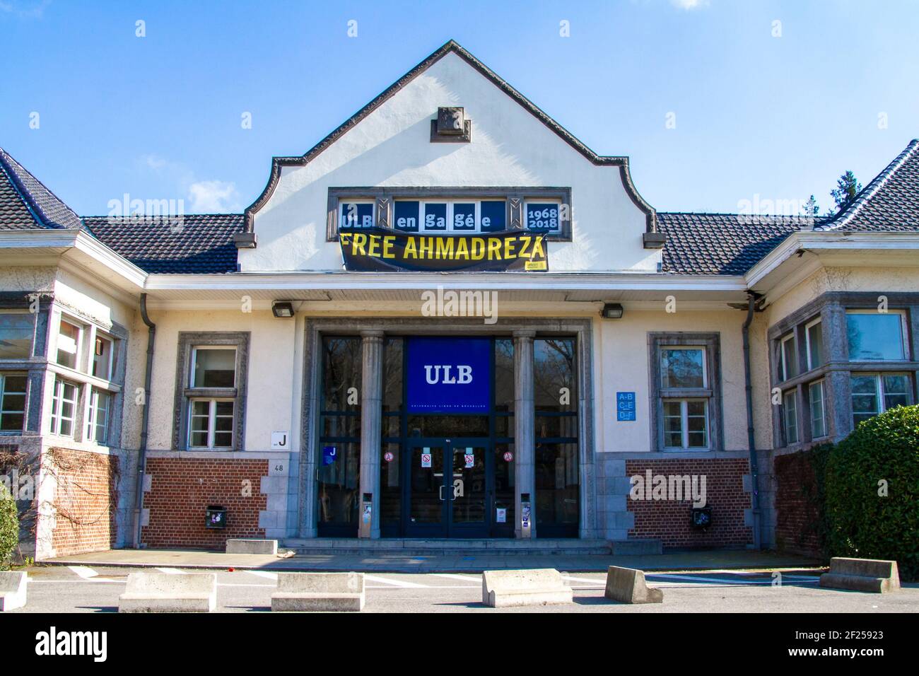 Belgio, Bruxelles, libera Università di Bruxelles, ULB, ingresso al pubblico Paul Janson, Free Ahmadreza, Amnesty International. La libera Università Foto Stock