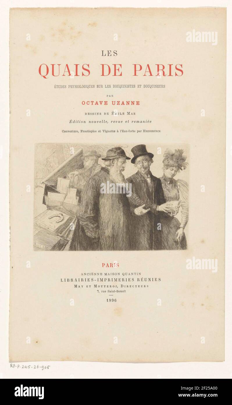 Uomo e donna in conversazione con un libraio; pagina del titolo per: Ottava Uzanne, Les Quais de Paris, 1896.in sfondo un libro Stall su una banchina. Foto Stock