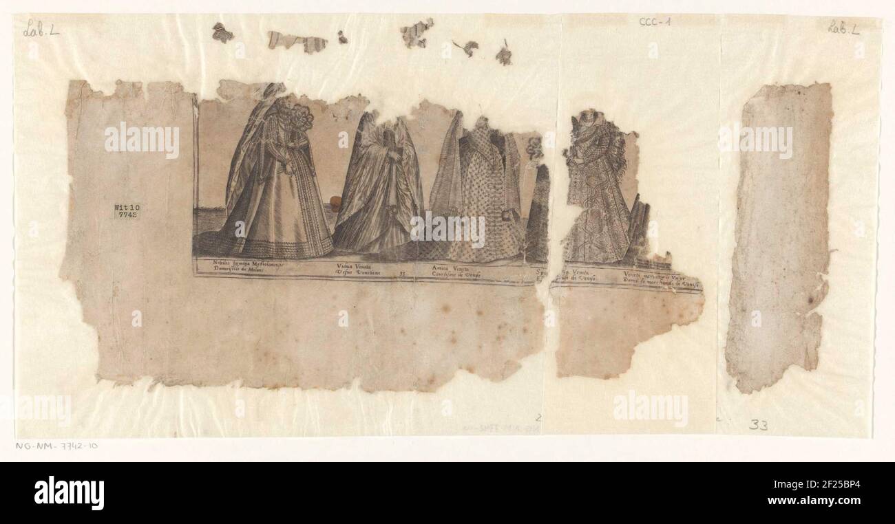 Frammento di immagini di dieci donne, vestite secondo la moda italiana; frammenti di stampe con costumi mondani e spirituali; Omnium Pene Europae, Asiae, Aphricae atque Americae gentium Habitus.lowden o stampa. Ricostruito da tre frammenti. Foto Stock