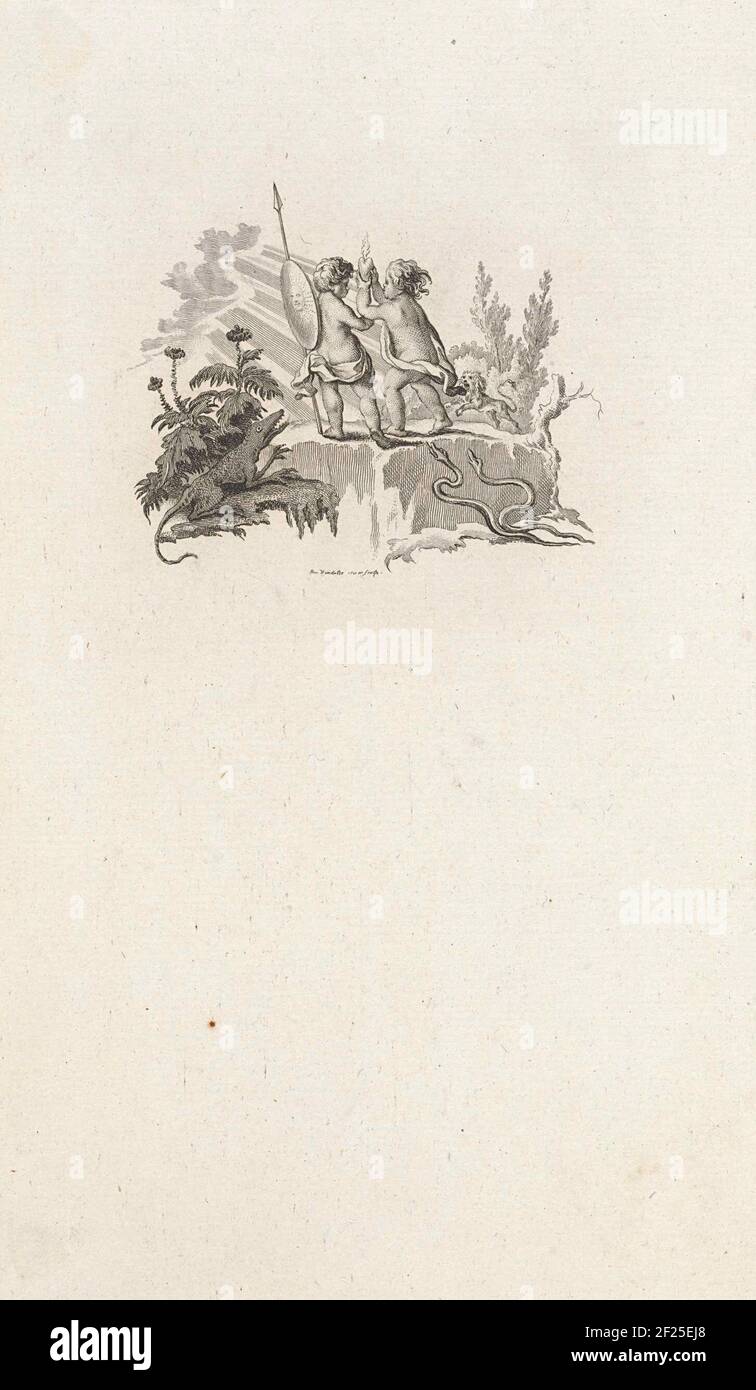 Vignetta con due putti con cuore ardente in una zona pericolosa .. Foto Stock