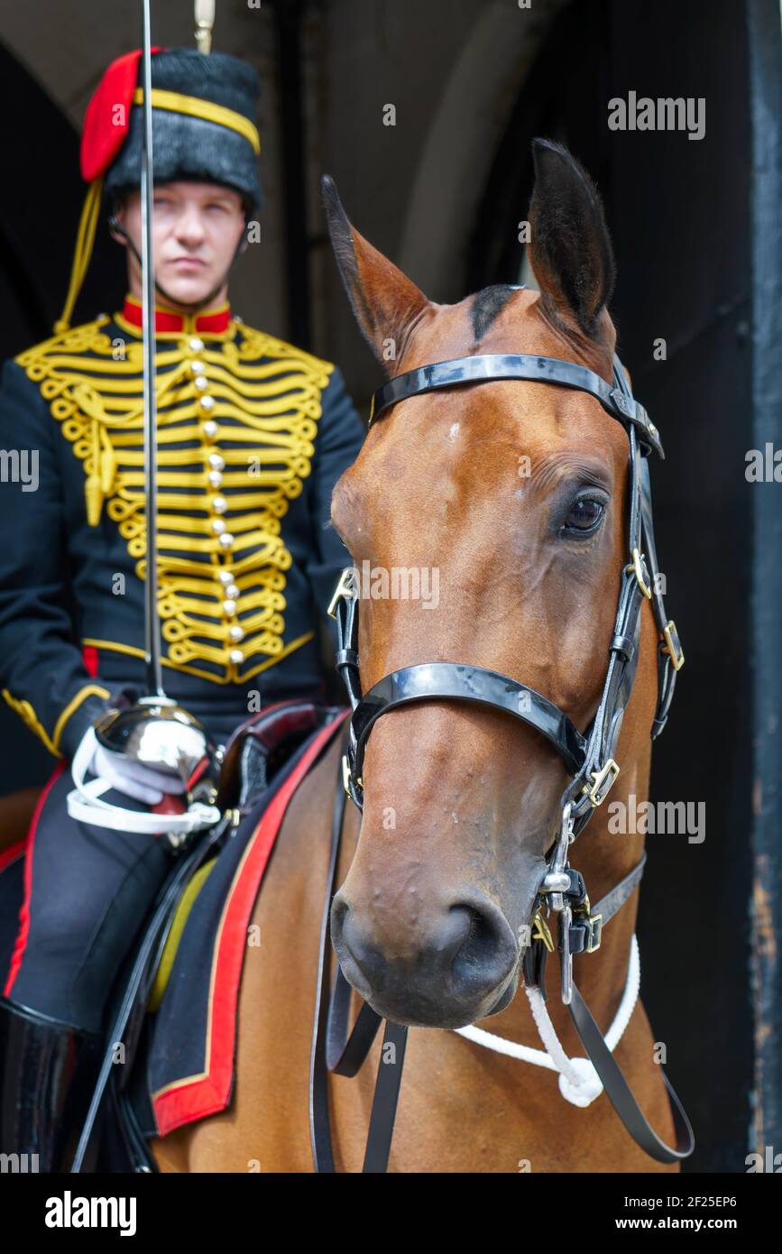 Londra - 30 Luglio : Kings truppa Royal cavallo Artiglieria di Whitehall a Londra il 30 luglio 2017. L uomo non identificato Foto Stock