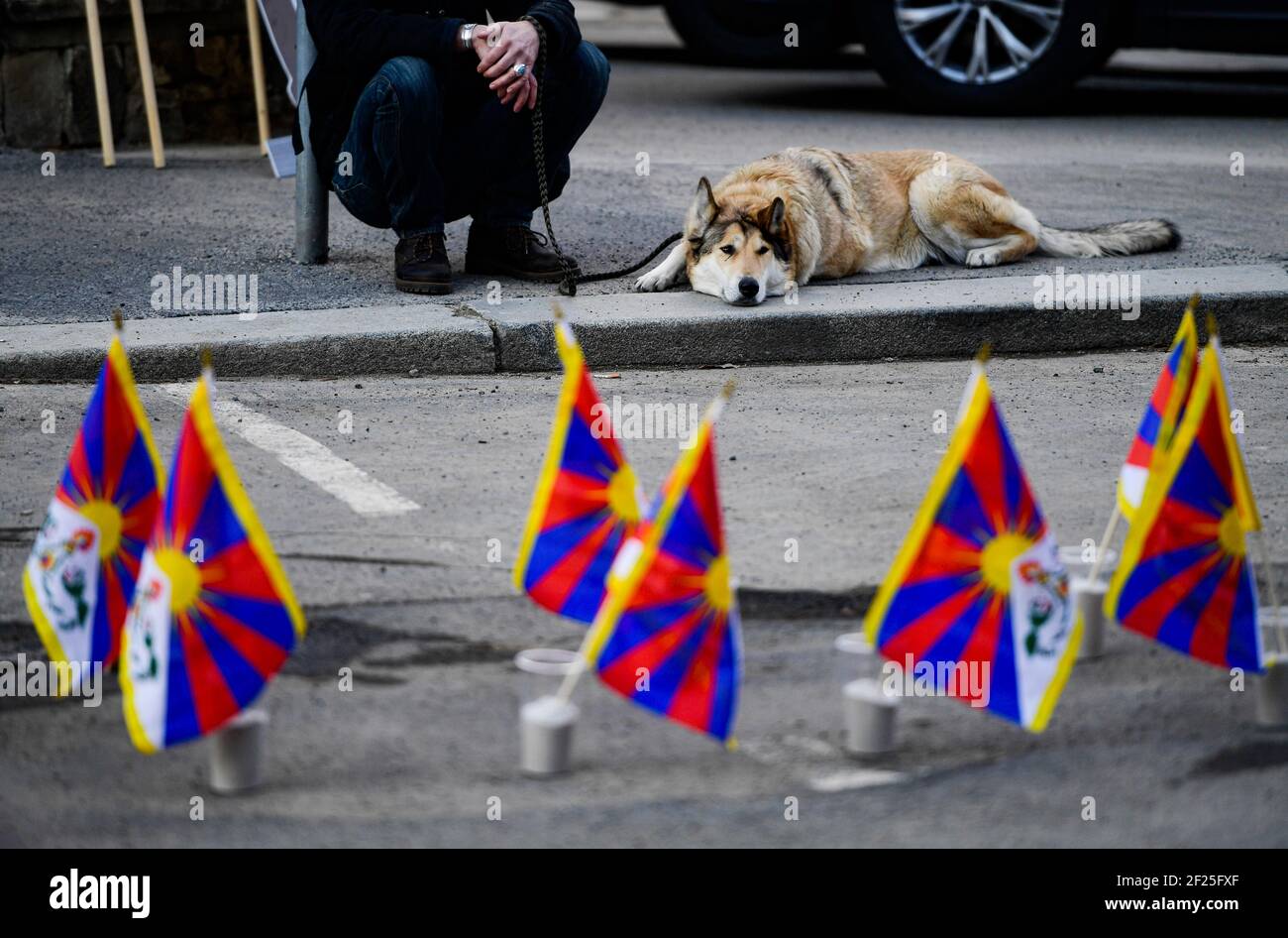 L'associazione lungta ha posto 156 bandiere tibetane, in piedi per 156 tibetani auto-immolati che protestano contro l'oppressione politica, religiosa e culturale, al di fuori dell'ambasciata della Cina, a Praga, Repubblica Ceca, il 10 marzo 2021. Più di 800 autorità comunali e regionali ceche e 114 scuole ceche si uniscono all'evento Flag for Tibet. (Foto CTK/Vondrous romano) Foto Stock