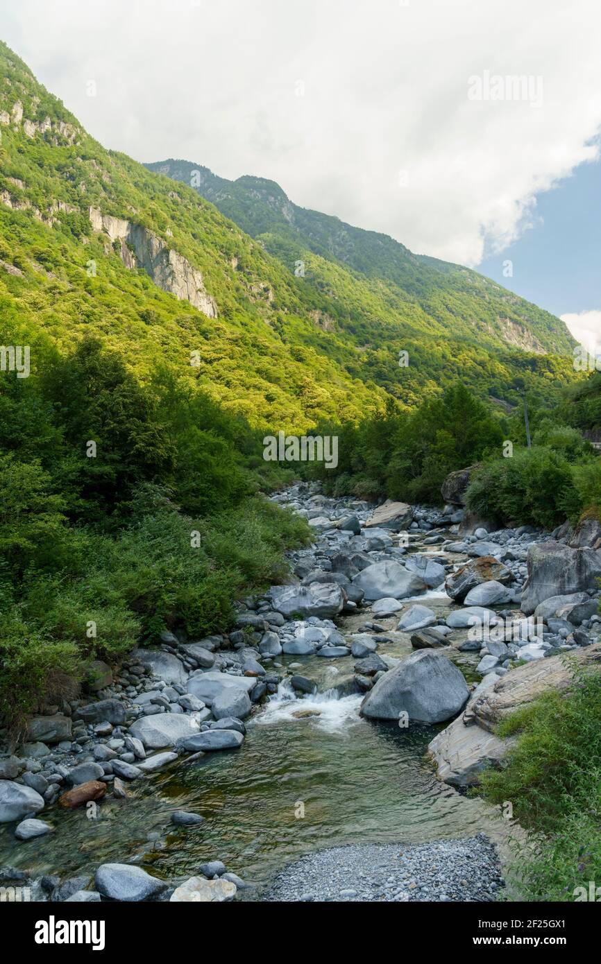 Paesaggio montano d'estate in Val Masino, valle in provincia di Sondrio, Lombardia, Italia Foto Stock