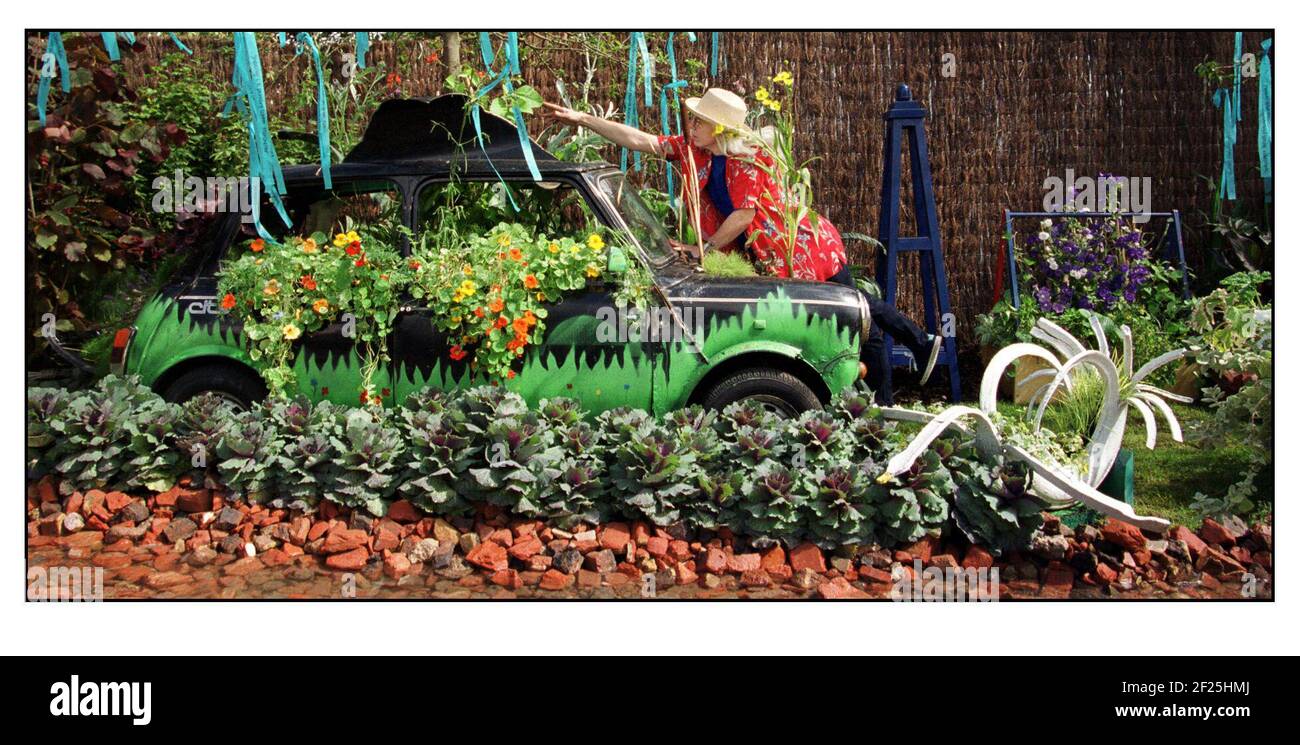 Glorioso sole e ultimo minuto di preparazione nei giardini per La gente si trova all'Hampton Court Palace Flower Show di luglio 2000 aperto al pubblico dal 6 al 9 luglio Foto Stock