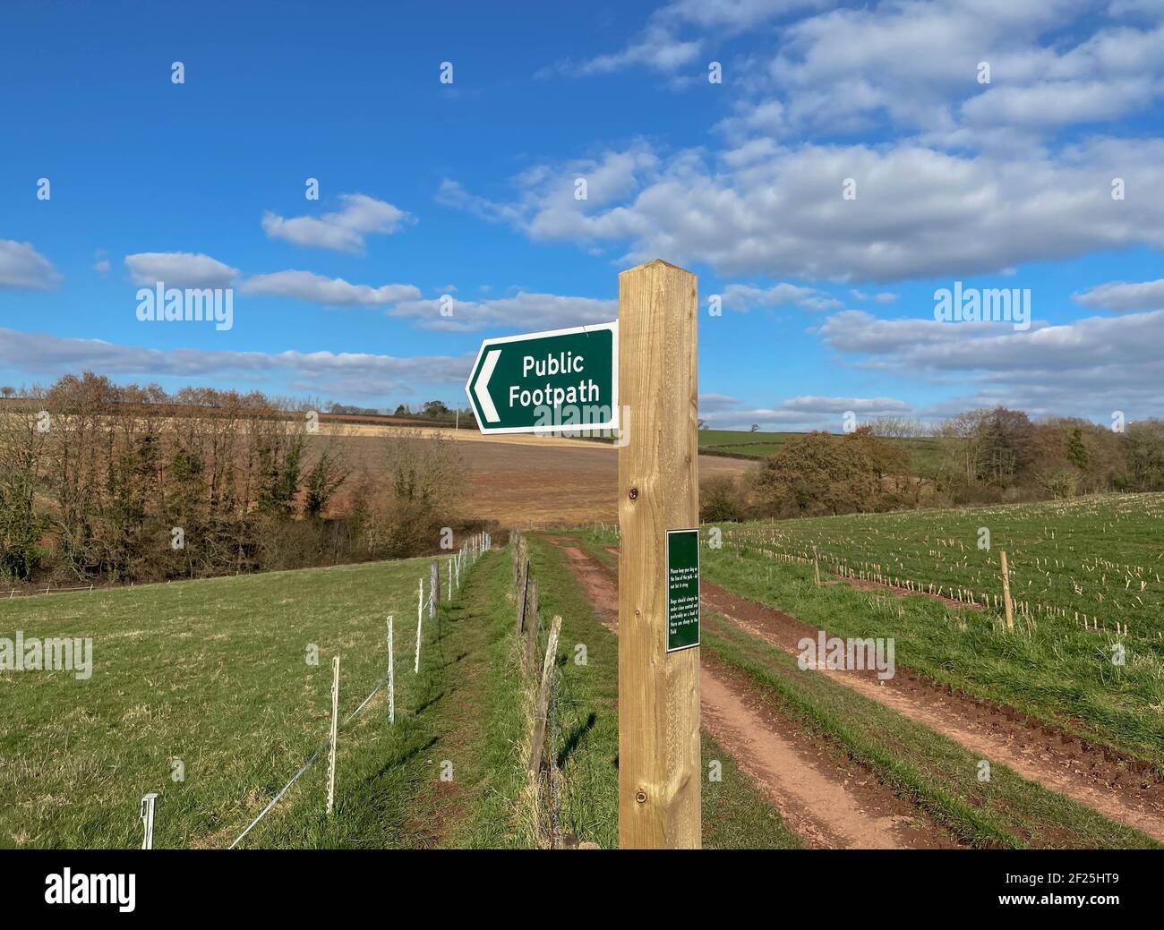 Sentiero pubblico segno con un cielo nuvoloso blu brillante sfondo a Copplestone nella campagna rurale del Devon, Inghilterra, Regno Unito Foto Stock