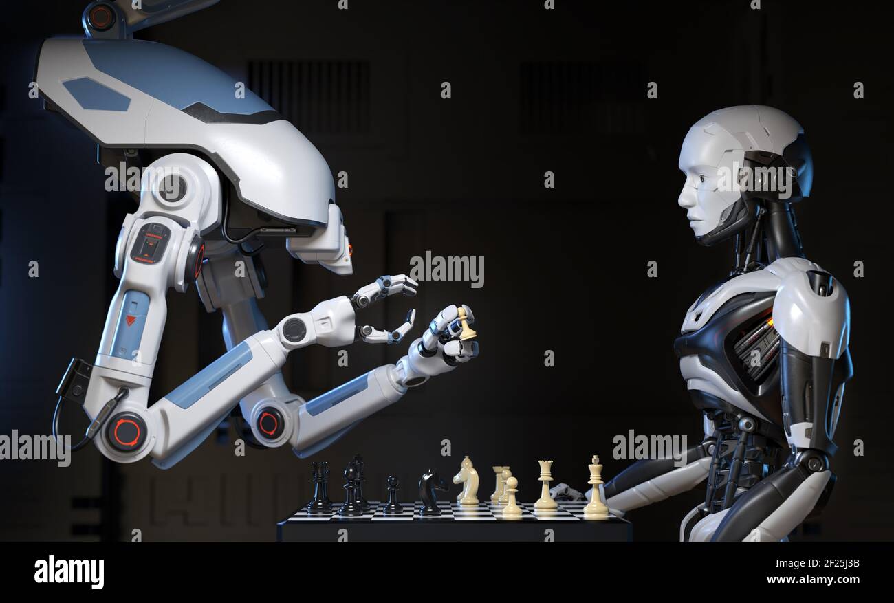 Robot industriale fantascientifico che gioca a scacchi con cyborg. Illustrazione 3D Foto Stock