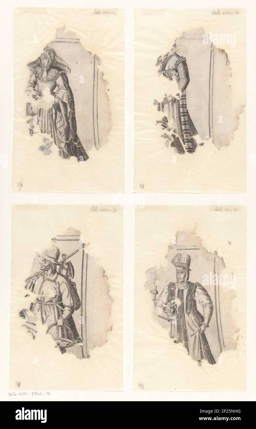 Frammenti di stampe con costumi mondani e spirituali; Omnium pene Europae, Asiae, Aphricae atque Americae gentium Habitus.angoli in alto a destra o stampa da 36 a 39. Foto Stock