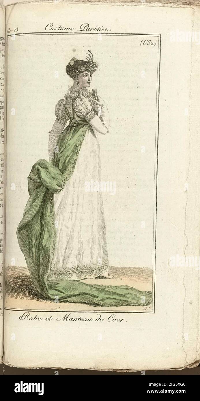 Journal des Dames et des Modes, Costume Parisien, 1805, an 13 (632) Robe et Manteau de Cour.Hofjapon con mantello. Abito bianco con collette rialzata, polsini corti. Verde 'Anteau' con sentiero. Tiara sotto forma di corona di alloro, orecchini a forma di diamante. Piccola girante in mano. Foto Stock
