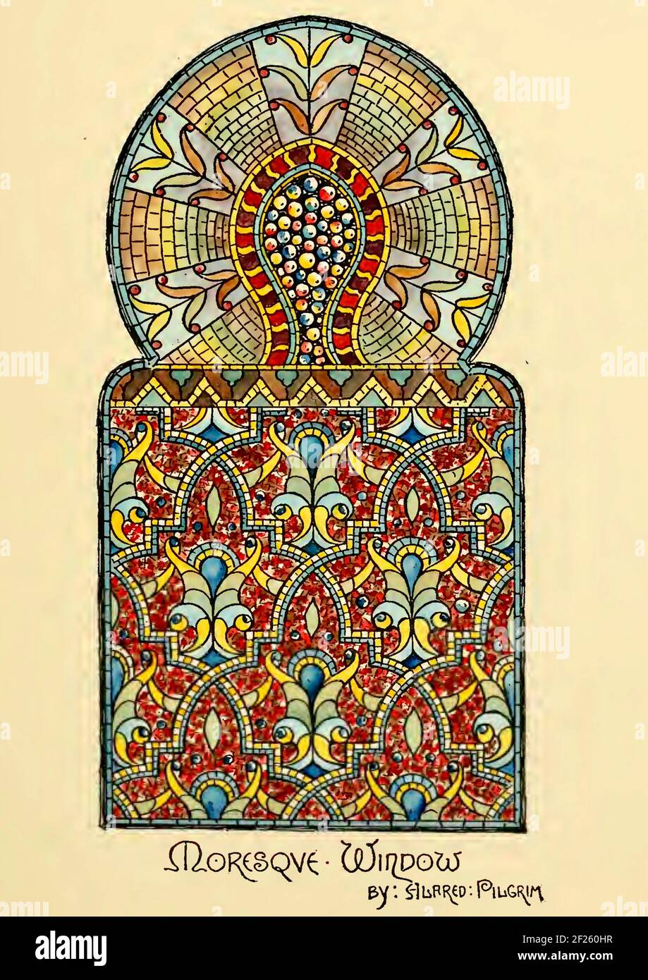 Design artistico in vetro di Alfred Pilgrim ispirato alla cultura moresca. Un'intricata trama di colore. Sollevamento. Foto Stock