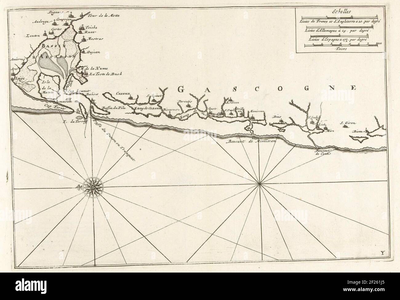 Kaart van de Kust van Gascogne, California. 1702; le forze dell'Europa, dell'Asia, dell'Africa e dell'America, o la descrizione delle principali città con le loro fortificazioni. Progettato dai migliori ingerenti, in particolare quelli sotto il dominio della Francia (...) e adornato con diversi edifici superbi.Mappa della costa occidentale della Guascogna. Firma in basso a destra: Parte Y. della seconda delle due parti della foto: I Costes de France e la Spagna (Oro 14 da: Le forze d'Europa, Asia, Africa e America), rilasciato circa. 1702. Il nel contesto, consiste di un totale di 43 appartamenti etichettati della Costa di Francia e. Foto Stock