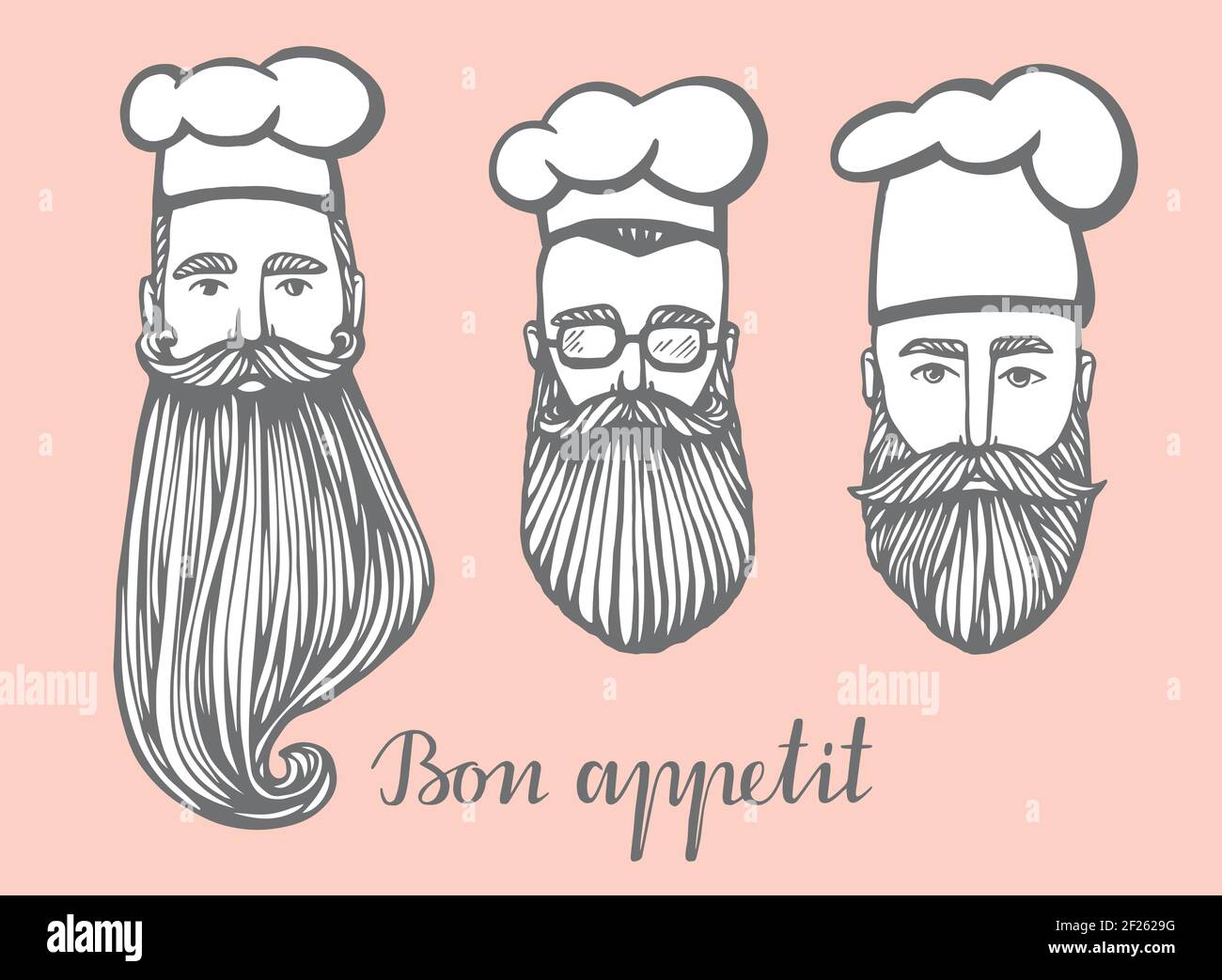 Set di illustrazione vettoriale disegnata a mano del capo-fornello hipster con baffi e barba in cappello bianco. logo capo-fornello. Illustrazione Vettoriale