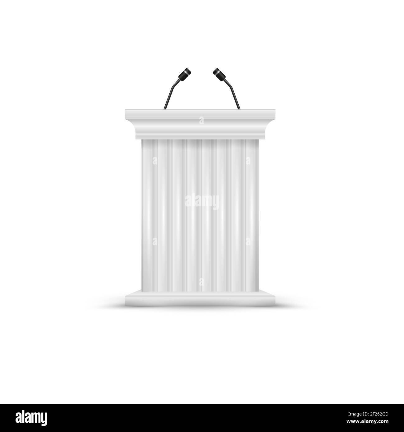 Pulpito colonna antico. Tribuna bianca sul podio con microfoni. Supporto vuoto per rostro. Illustrazione 3D isolata su bianco. Foto Stock