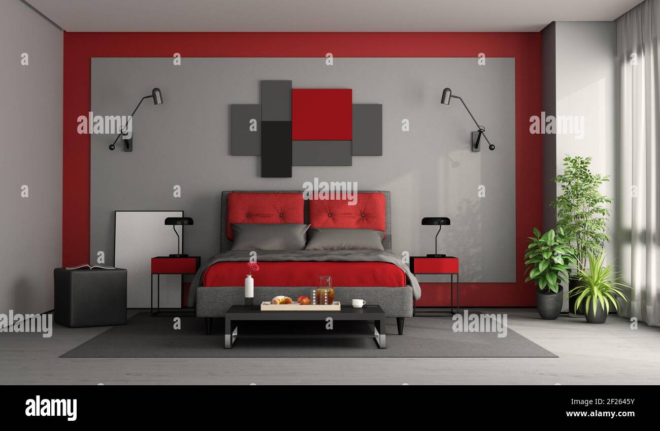 Rosso e grigio, moderno e la camera da letto principale con letto doppio e tavolo da caffè con colazione - il rendering 3D Foto Stock
