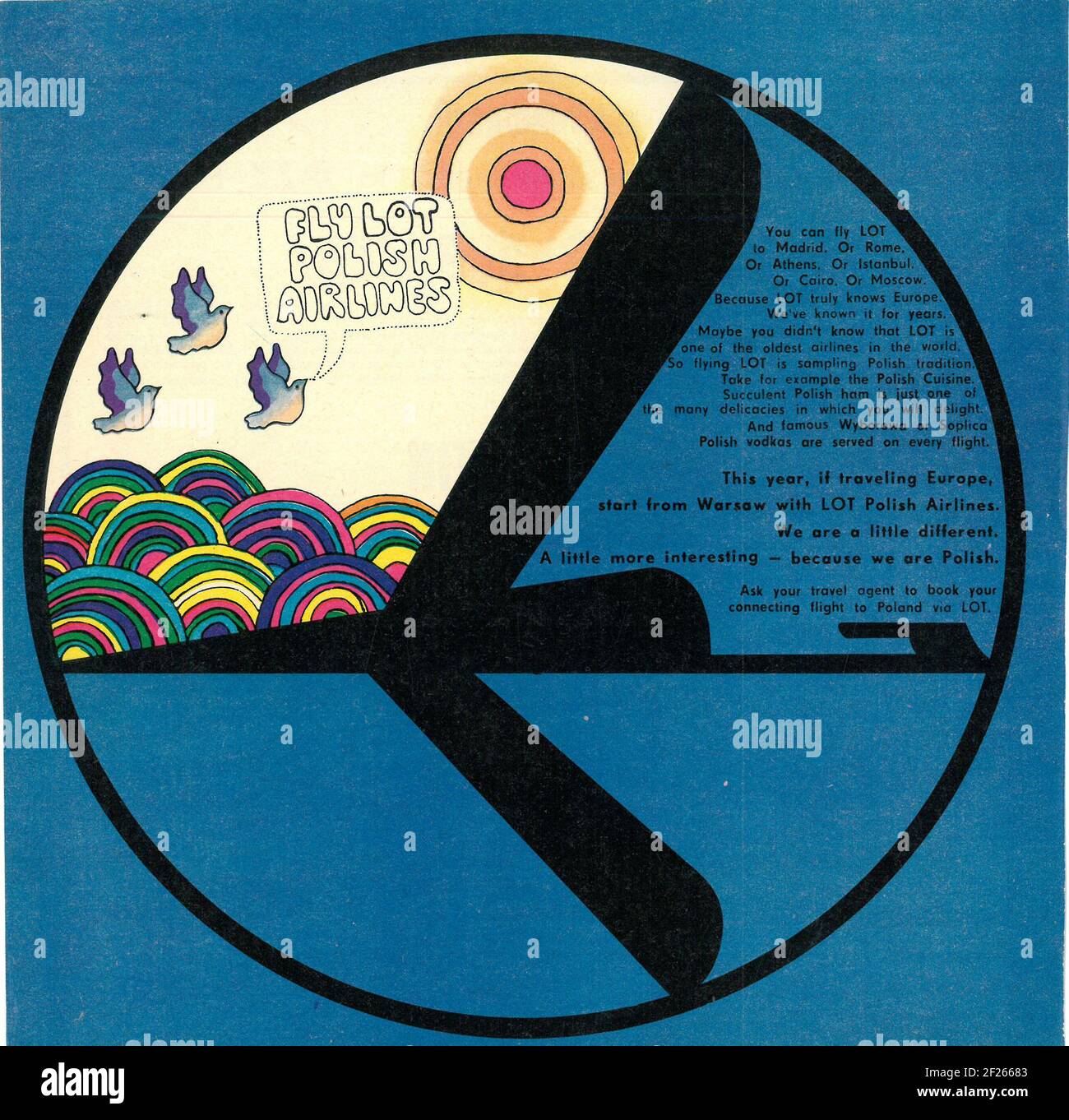 Pubblicità pubblicitaria su carta d'epoca polacca di LOT Polish Airlines 60 Foto Stock