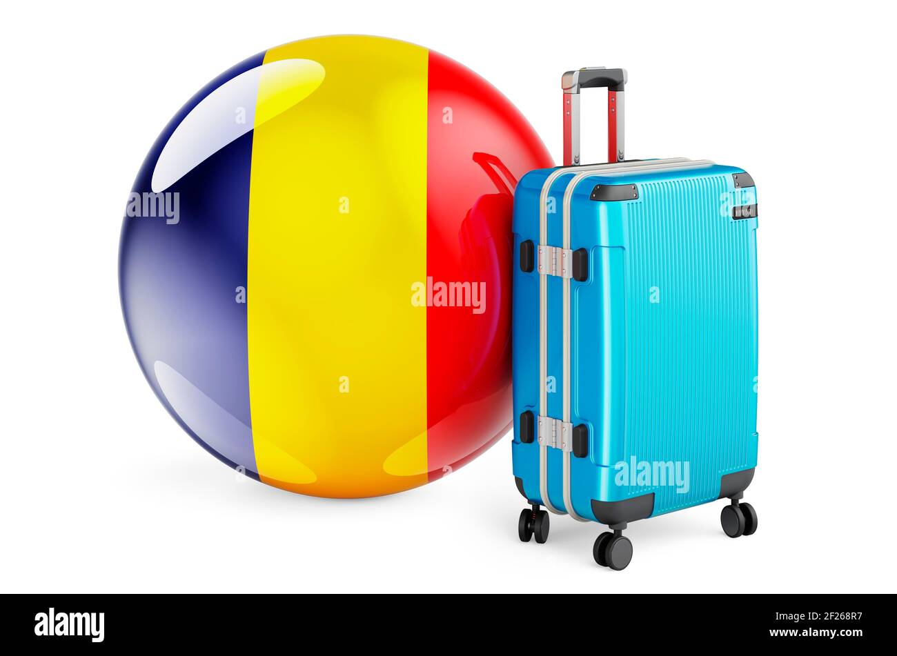 Valigia con bandiera rumena. Romania Travel Concept, rendering 3D isolato su sfondo bianco Foto Stock