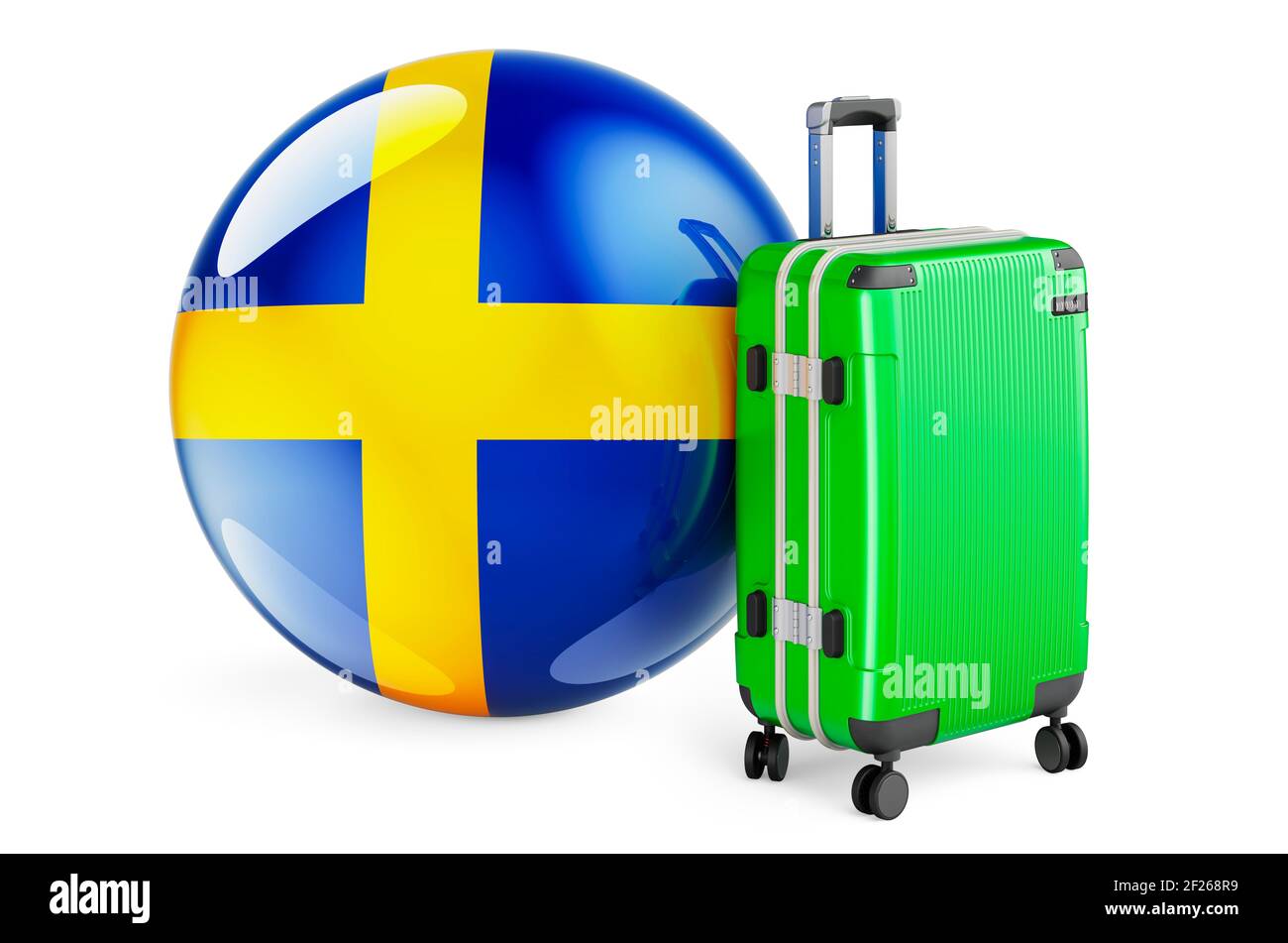 Valigia con bandiera svedese. Sweden Travel Concept, rendering 3D isolato su sfondo bianco Foto Stock