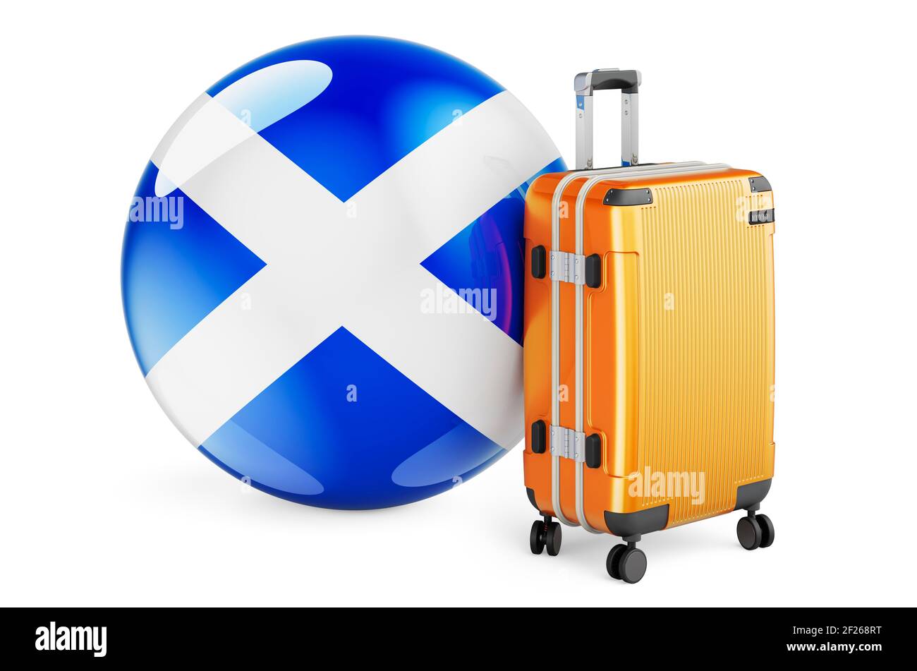Valigia con bandiera scozzese. Scotland Travel Concept, rendering 3D isolato su sfondo bianco Foto Stock