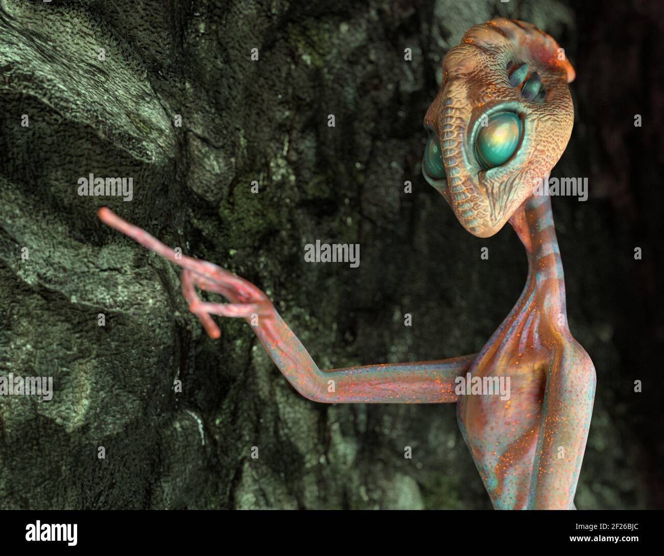 L'alieno umanoide punta un dito. Illustrazione creativa concettuale. Rendering 3D Foto Stock