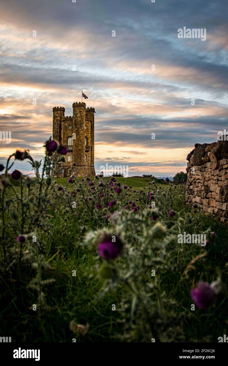 Torre di Broadway al tramonto Foto Stock