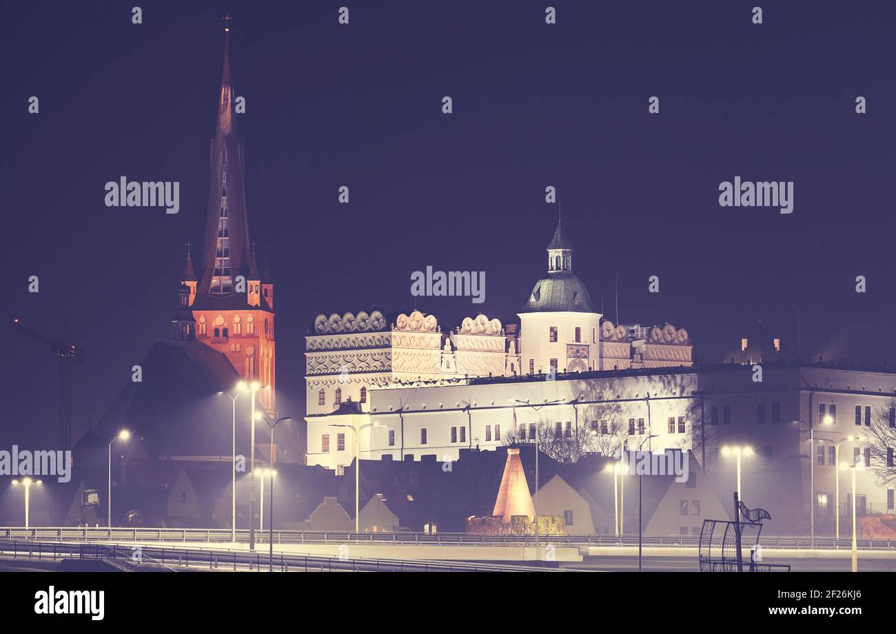 Il Castello Ducale e la Cattedrale di Szczecin in una notte di nebbia, colore applicato tonalità, Polonia. Foto Stock
