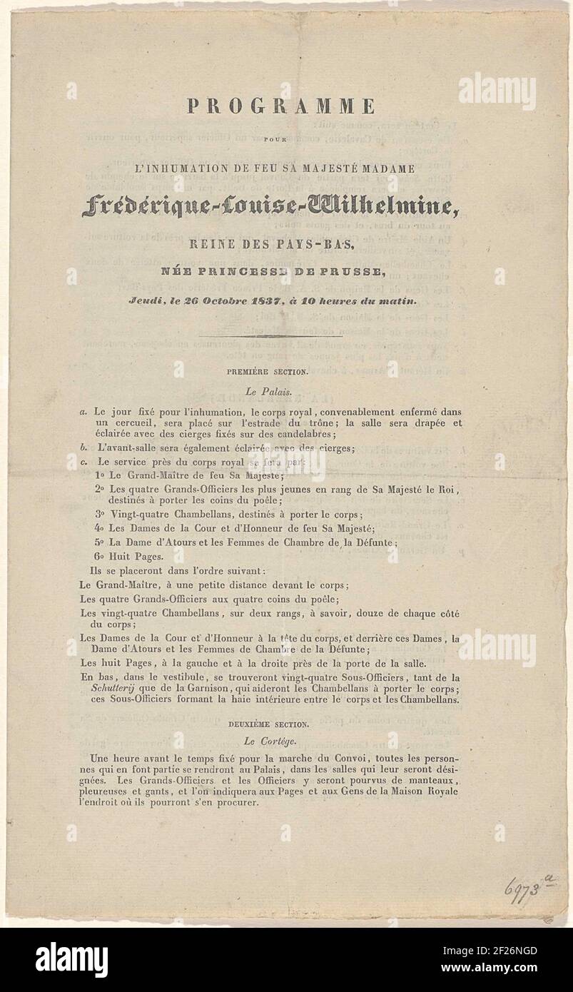 Programma di sepoltura del fuoco di sua Maestà Madame Frédérique-Louise-Wilhelmine (...) Giovedì 26 ottobre 1837, alle ore 10 del mattino. Programma delle funerali della Regina Wilhelmina van Prussen IL 26 ottobre 1837. FOGLIO DOPPIO STAMPATO SU TUTTI I LATI CON IL PROGRAMMA FUNERALE. Foto Stock
