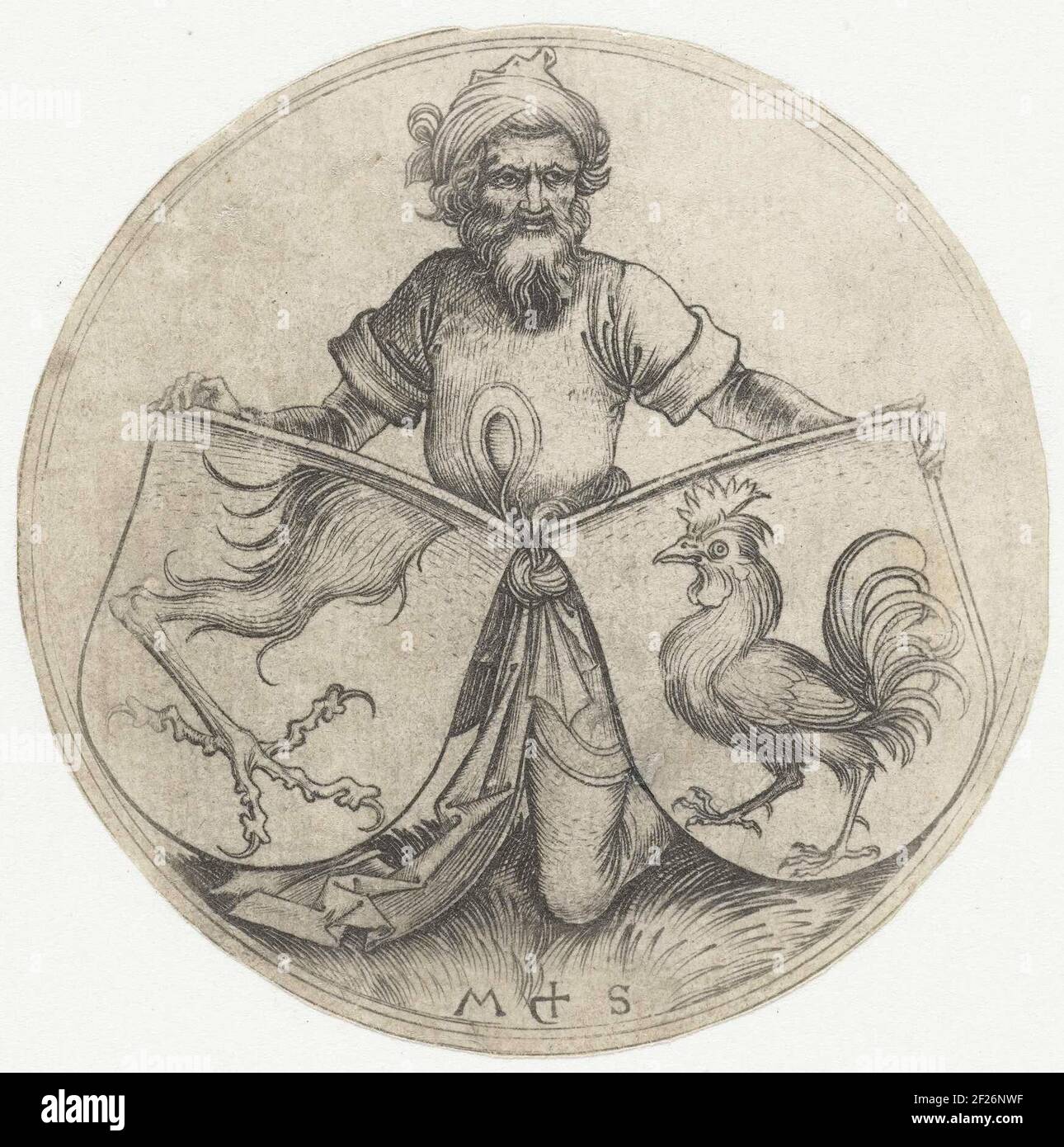 Stemmi con un gallo e la gamba di un griffin, tenuto da un orientamento;  Figure con stemmi. Uno stemma con un calendario e un cappotto o braccia con  la gamba o un