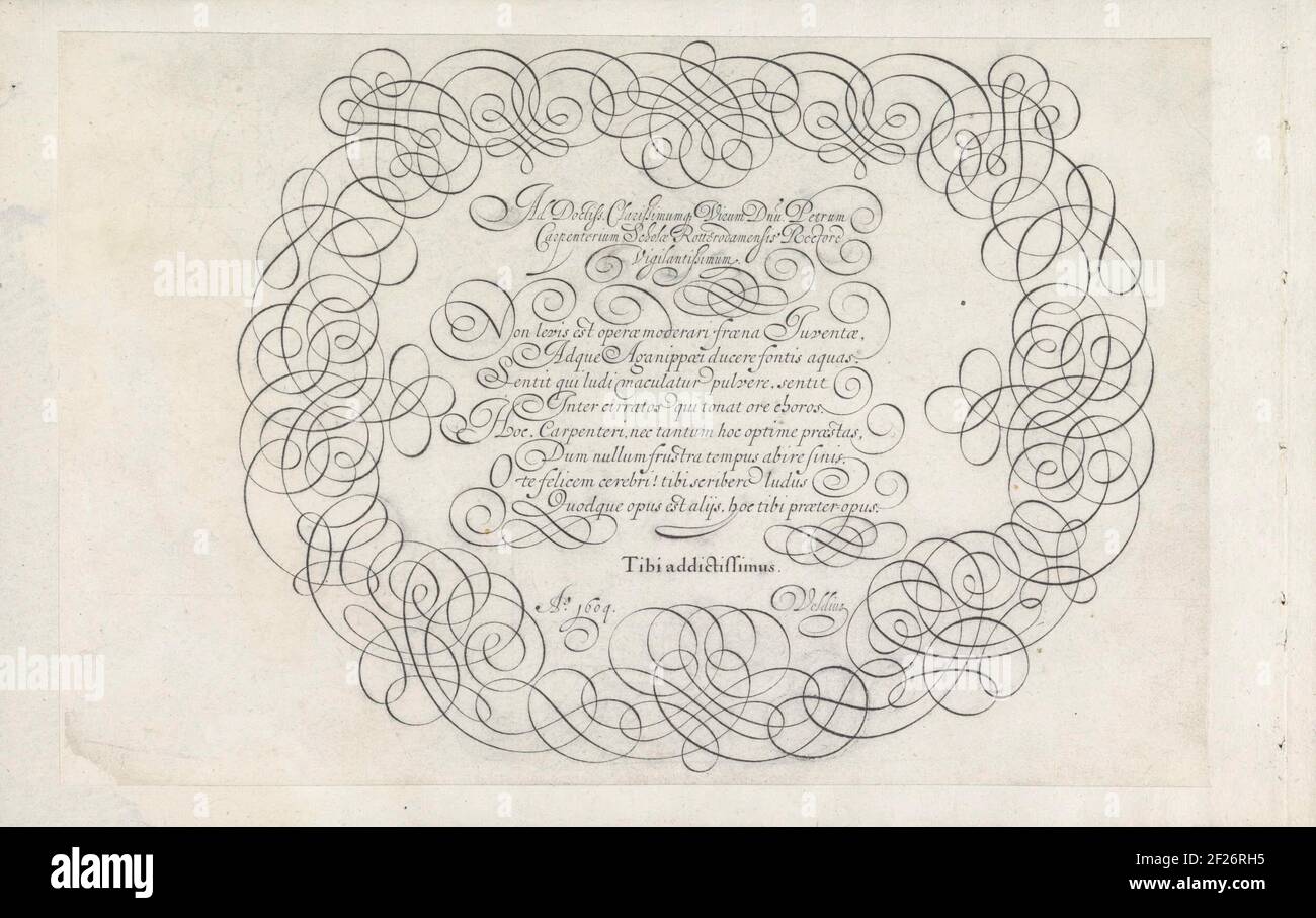 Ontwerp van schrijfvoorbeeld: A doctiss. Clarissisumq [n] (...); Spieghel der schrijfkonste.disegno calligrafico con il preambolo del Doctiss. Clarississmumq [UE] Man DNU Scuola di Pietro a Carpenteria Rotterdam Rettore della veglia. BYOND questo otto regole traduzione in inglese: Non-banale ... firmato si fiamme Velde. Il testo è incorniciato da lavori di arricciatura. La stampa fa parte di un album. Foto Stock