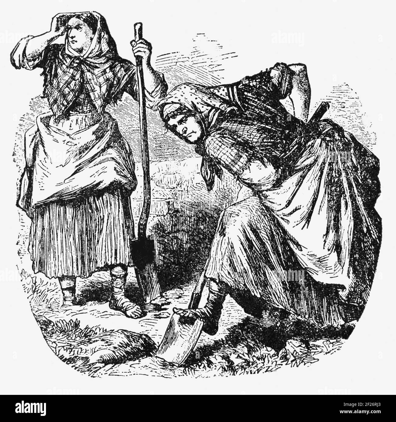 Un'illustrazione del diciannovesimo secolo delle donne che lavorano la terra in Connemara, contea di Galway, Irlanda, prima della piantagione. I tempi erano duri dopo la carestia e il menfolk erano via in Inghilterra lavorando sulla terra in cui i salari erano più elevati per guadagnare sufficiente a coprire l'affitto e altre spese per l'anno successivo. Foto Stock