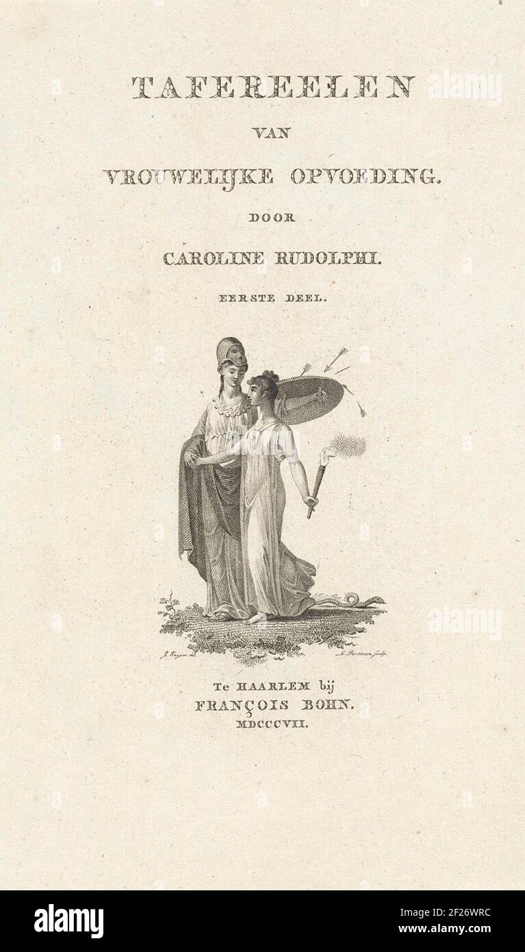 Minerva protegge una giovane donna; pagina del titolo per: C. Rudolphi, Taferees di educazione femminile, 1807.A giovane donna, in mano UNA torcia ardente, è protetta da Minerva, come personificazione della Sapienza, Avenging frecce con il suo scudo. A terra, un serpente striscia l'altra direzione. Foto Stock